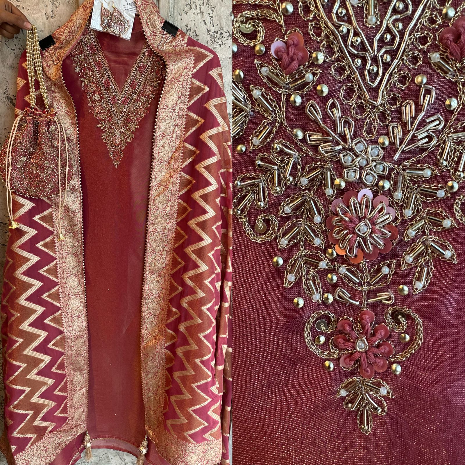 Pure shimmery Jacquard unstitched full size kurta with very gorgeous neckline