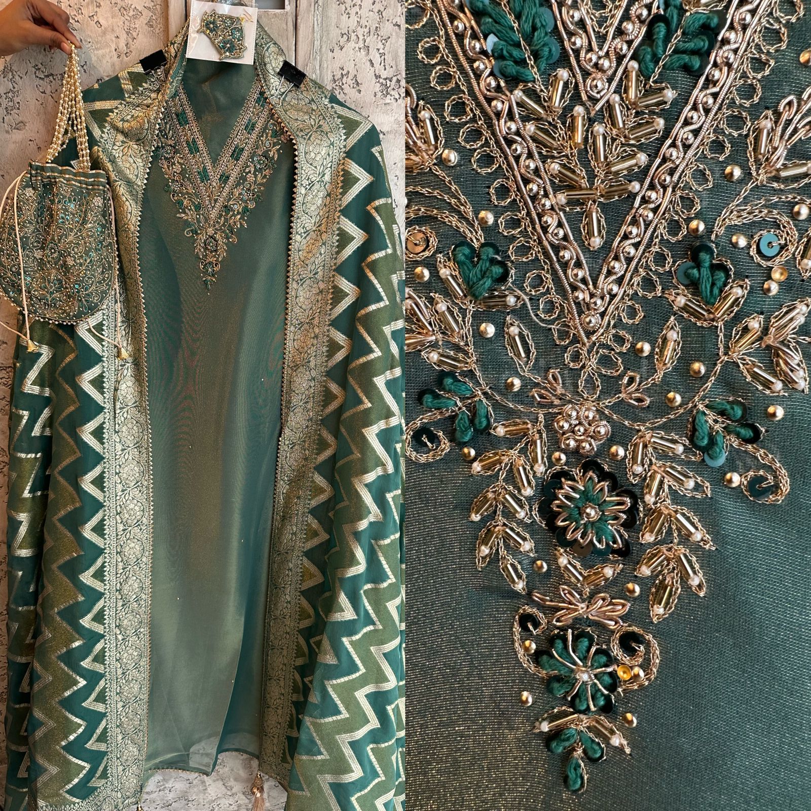 Pure shimmery Jacquard unstitched full size kurta with very gorgeous neckline