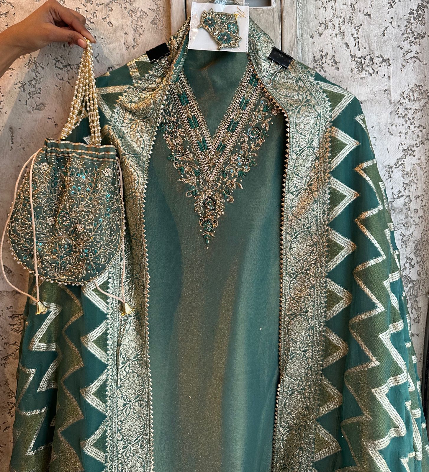 Pure shimmery Jacquard unstitched full size kurta with very gorgeous neckline