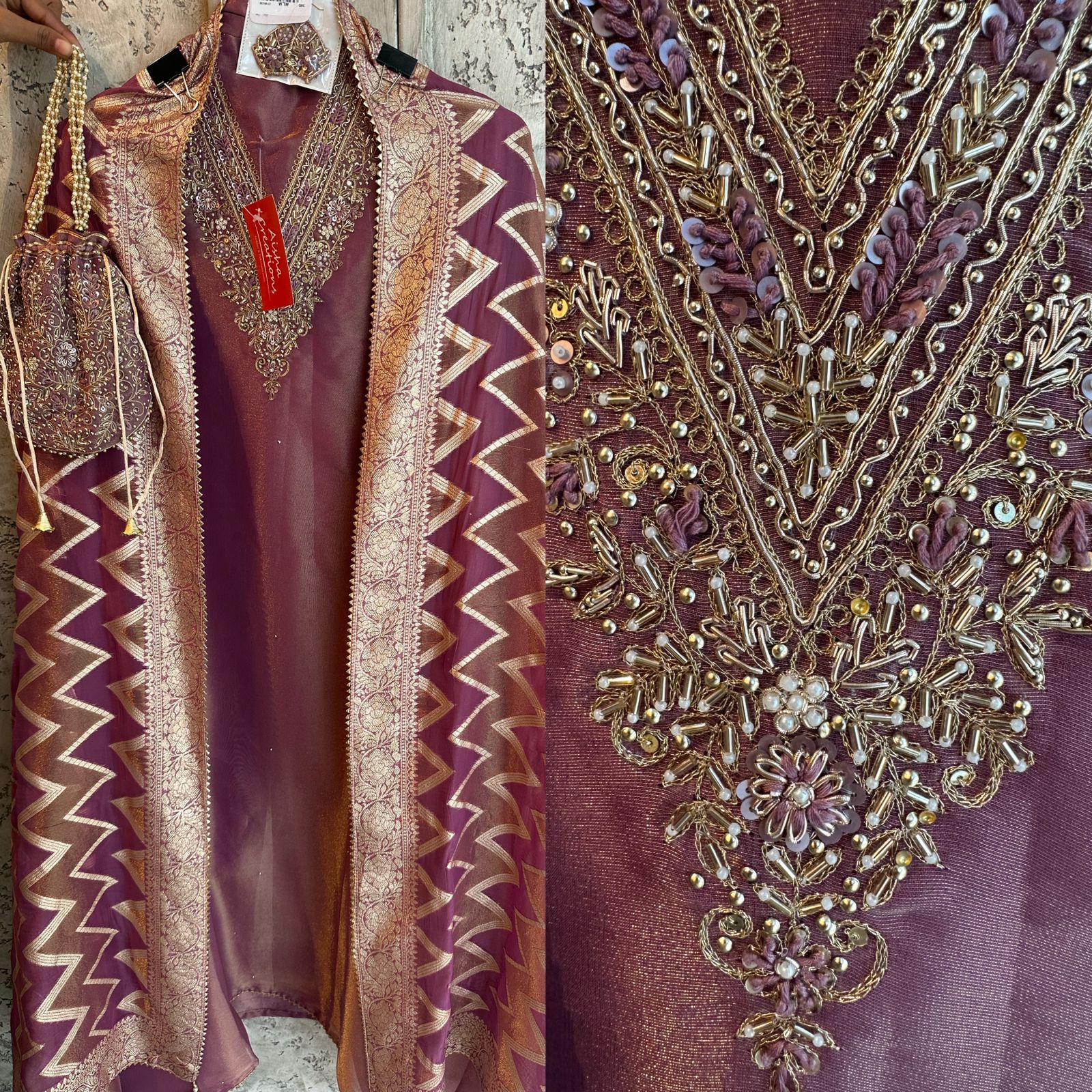 Pure shimmery Jacquard unstitched full size kurta with very gorgeous neckline