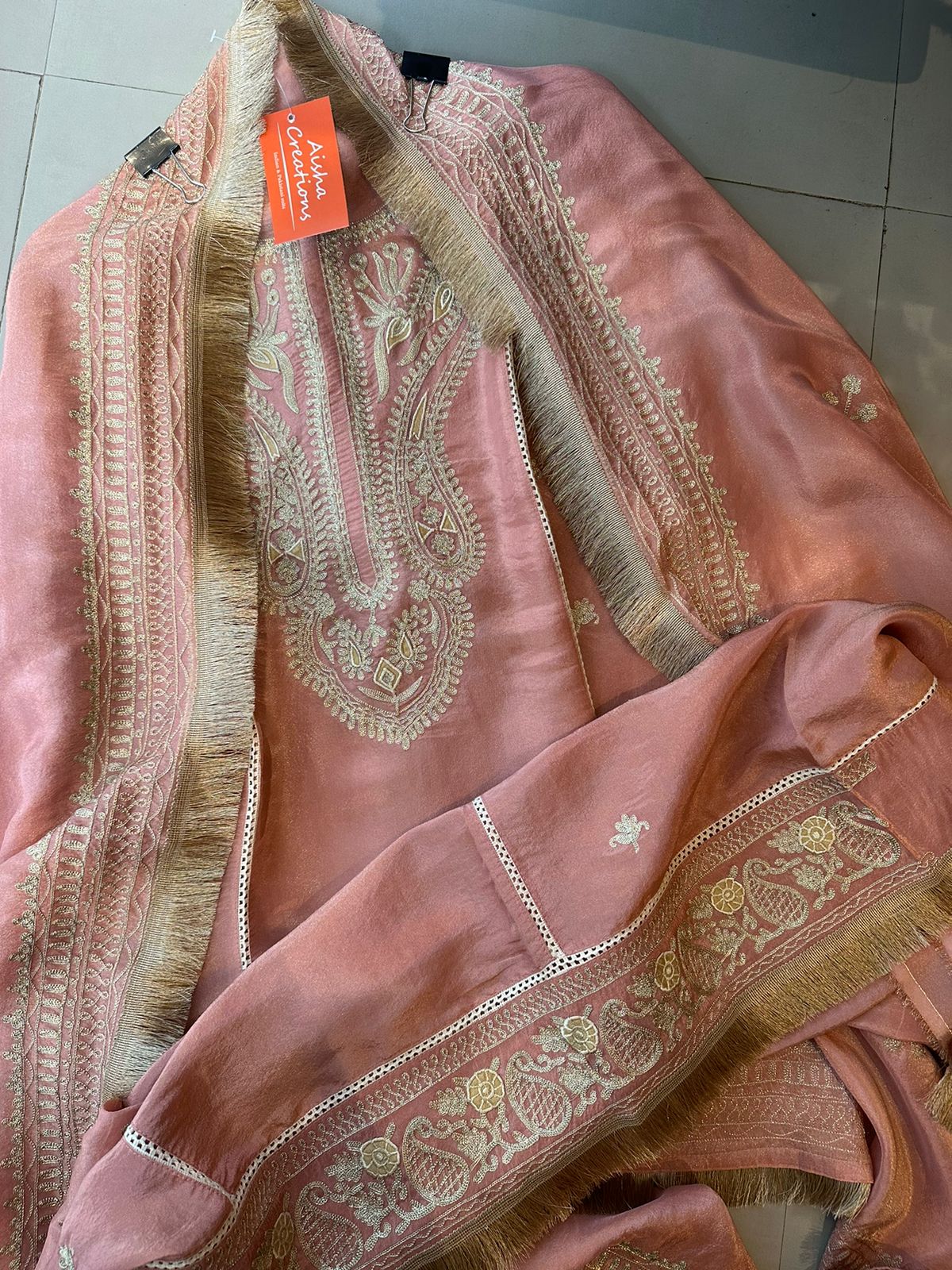 Pure tissue jacquard unstitched shirt with super beautiful gold zari work done the neckline