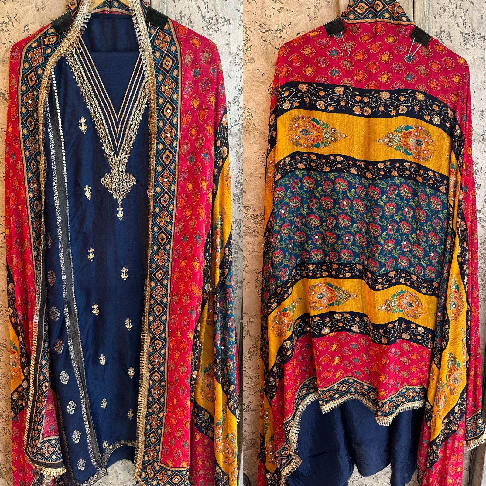 Pure mulberry Silk shirt with designer unstitched shirt concept with embroidered booties and side Pannel has banarsi work