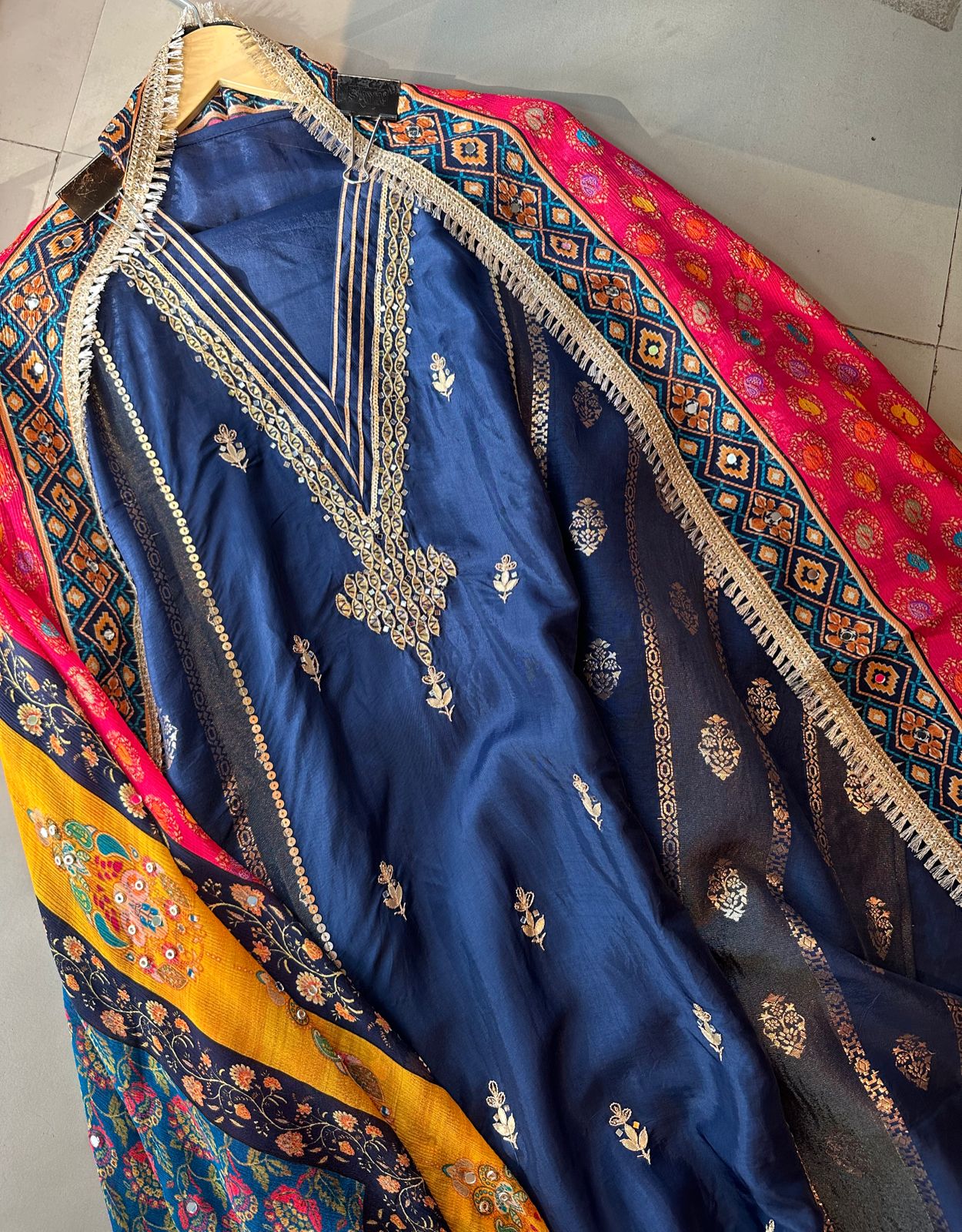 Pure mulberry Silk shirt with designer unstitched shirt concept with embroidered booties and side Pannel has banarsi work