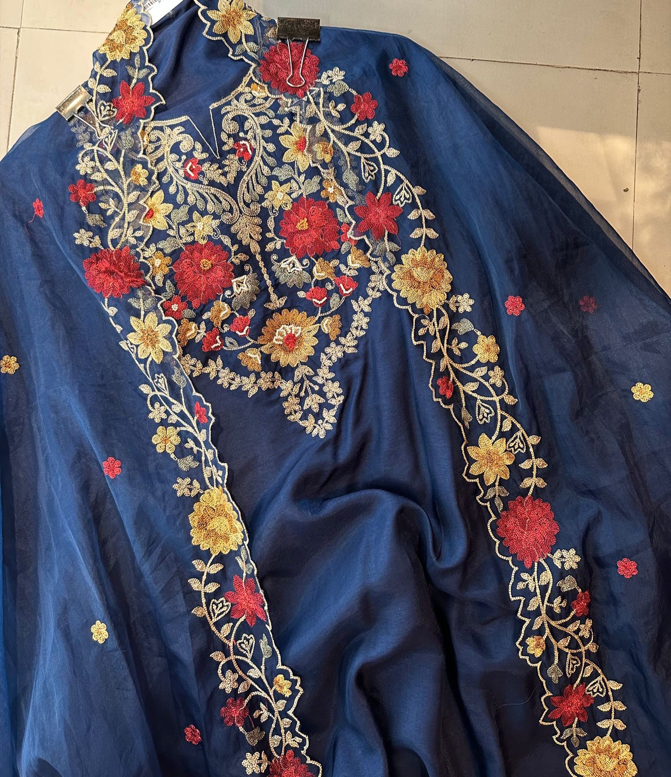 Pure mulberry silk unstitched full size shirt with very Gorgeous Kashmiri thread work neckline