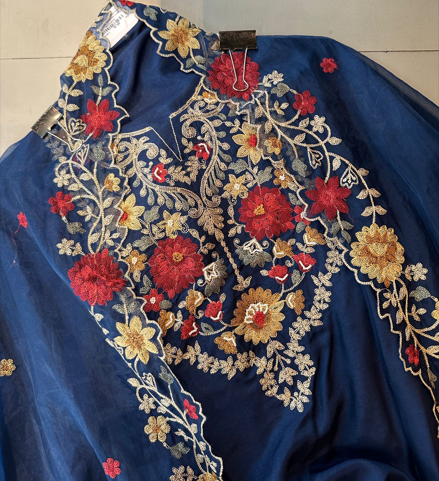 Pure mulberry silk unstitched full size shirt with very Gorgeous Kashmiri thread work neckline