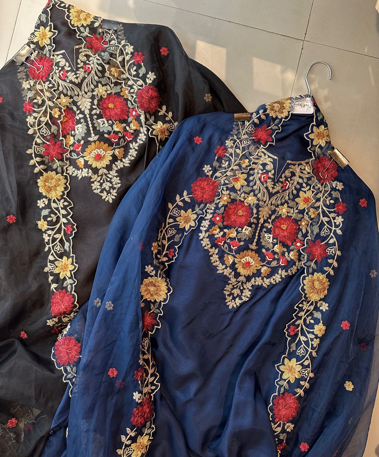 Pure mulberry silk unstitched full size shirt with very Gorgeous Kashmiri thread work neckline
