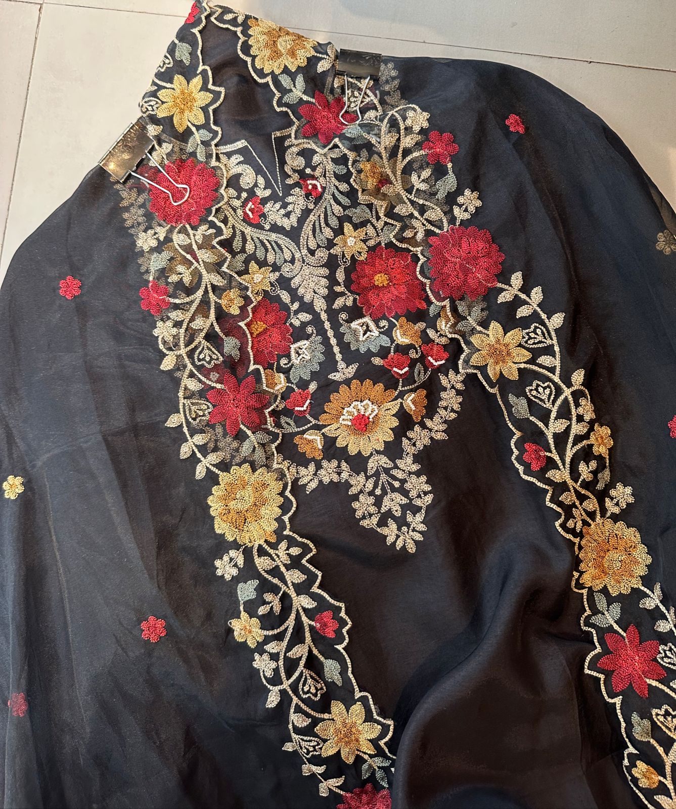 Pure mulberry silk unstitched full size shirt with very Gorgeous Kashmiri thread work neckline