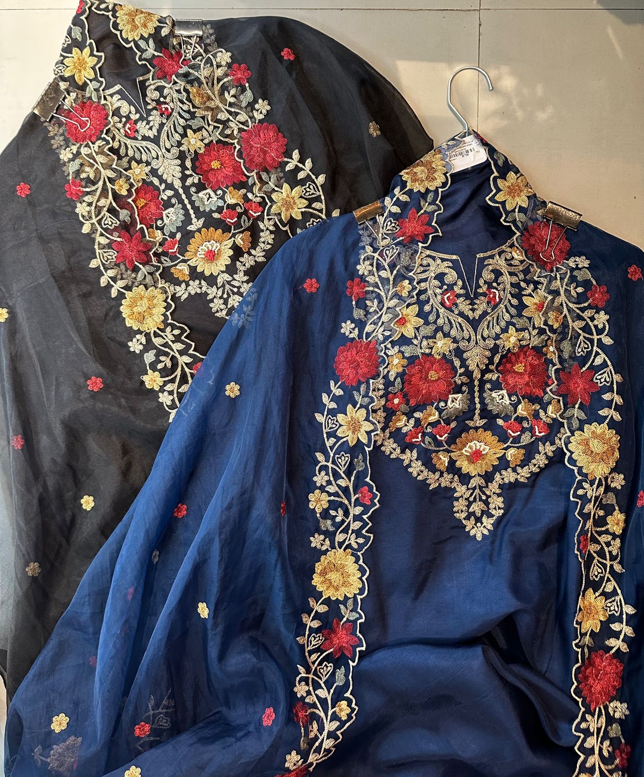 Pure mulberry silk unstitched full size shirt with very Gorgeous Kashmiri thread work neckline