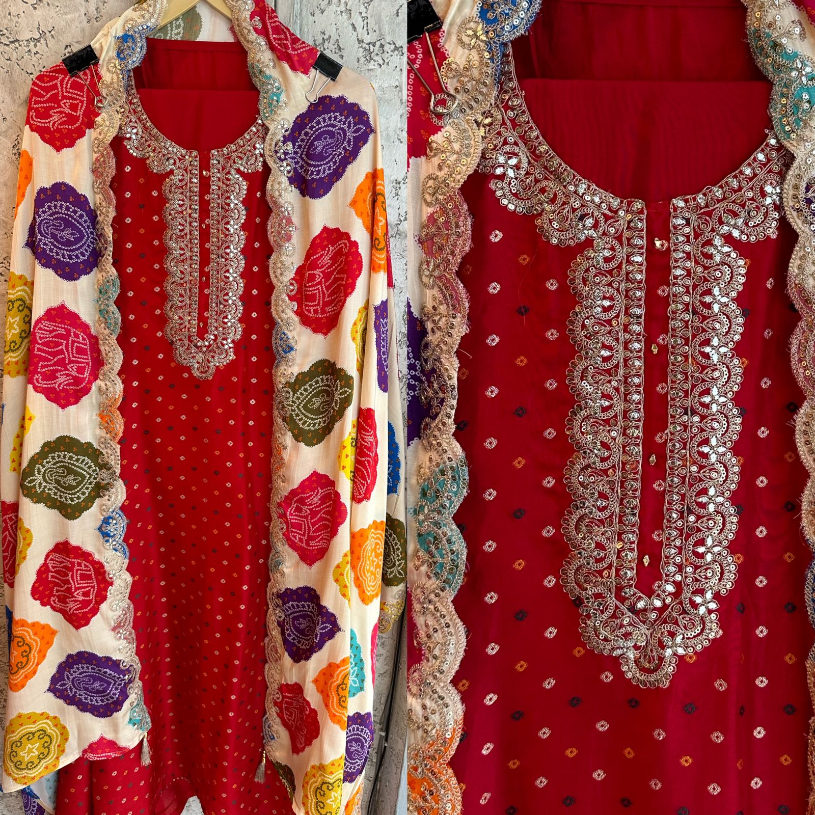 Pure russian silk unstitched shirt with beautiful print plus embroidery on neck