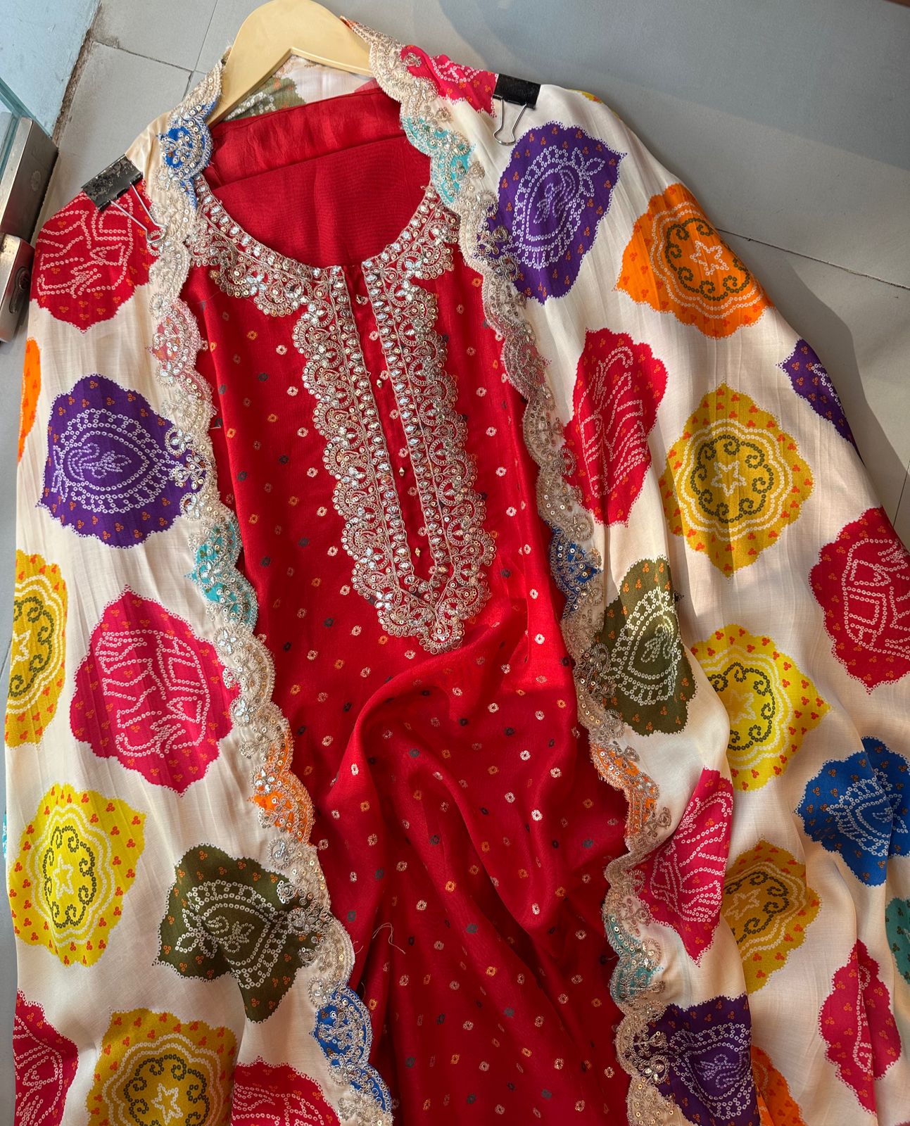 Pure russian silk unstitched shirt with beautiful print plus embroidery on neck