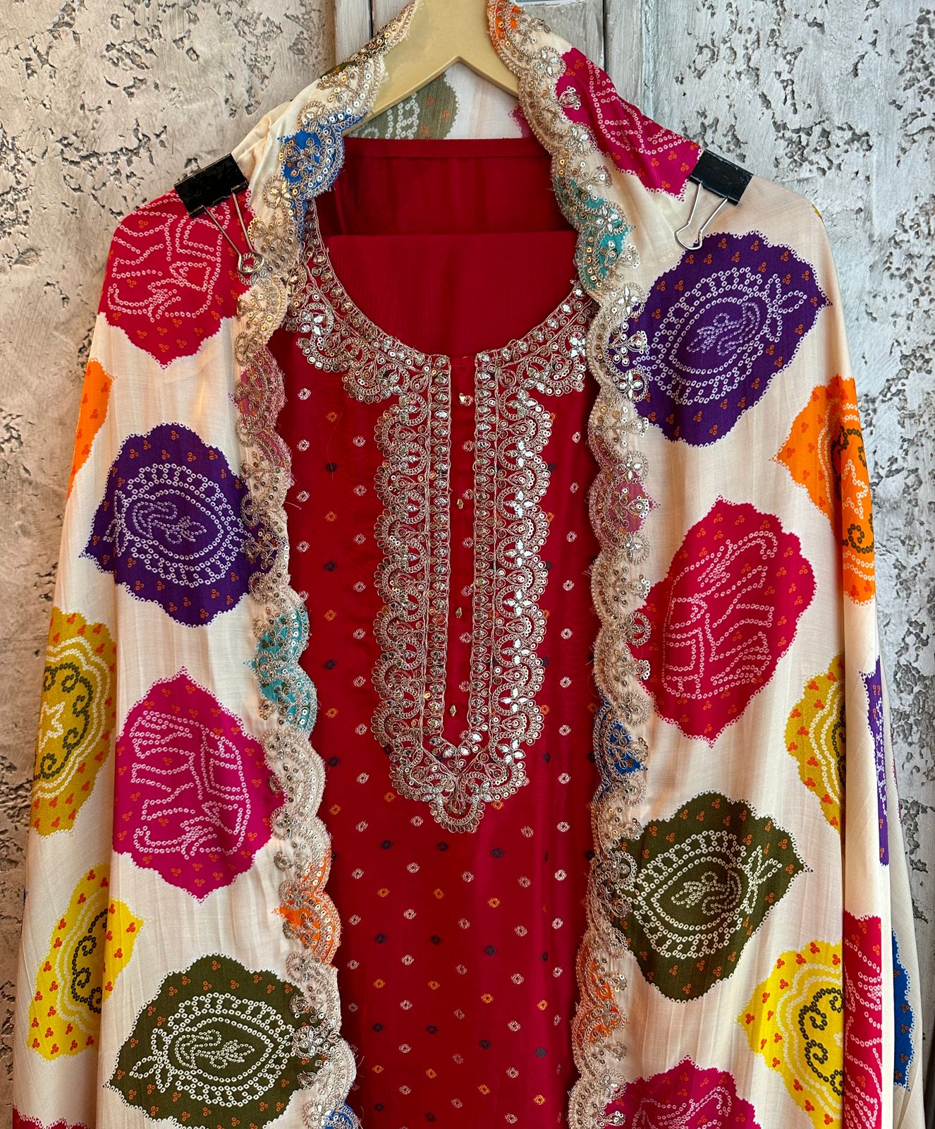 Pure russian silk unstitched shirt with beautiful print plus embroidery on neck