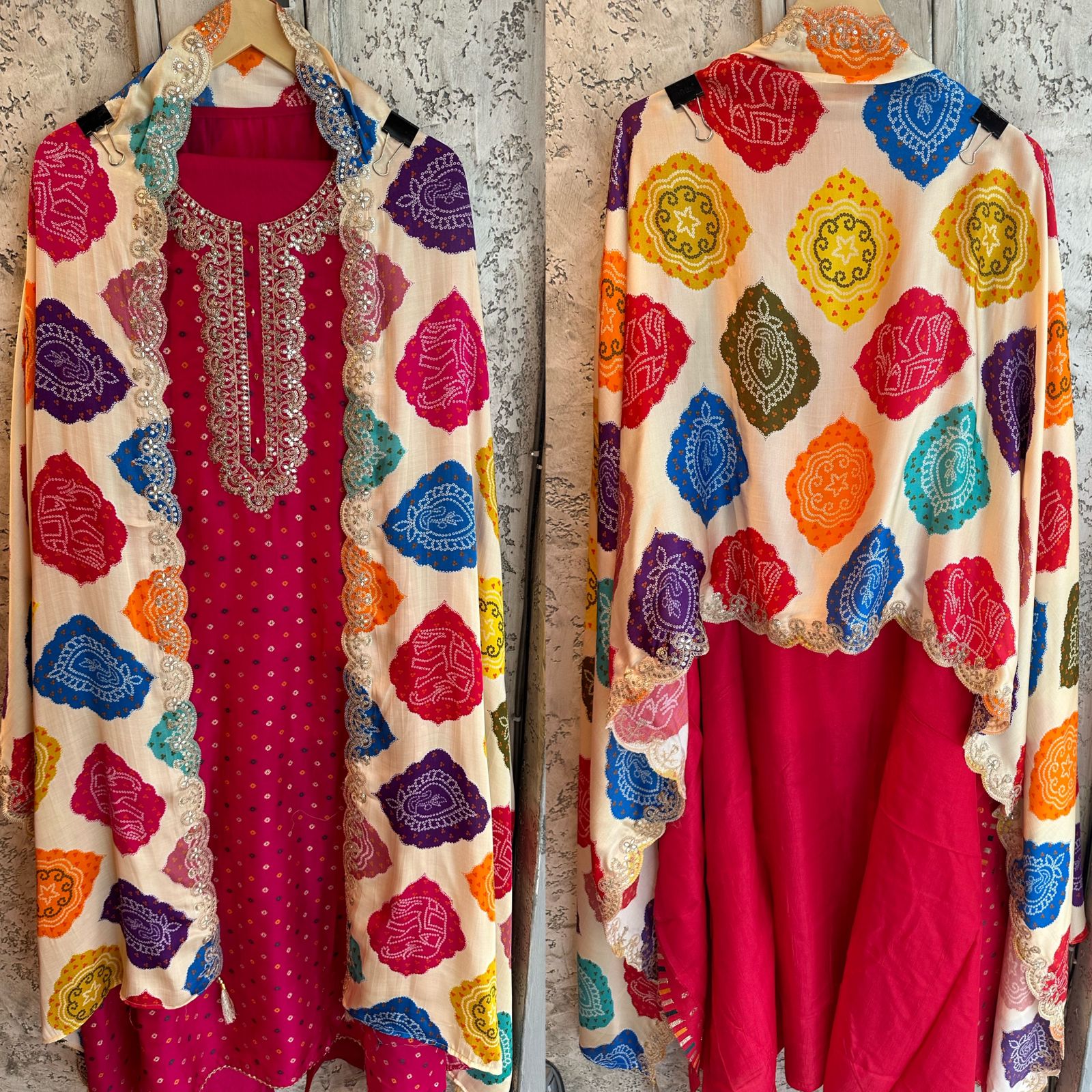 Pure russian silk unstitched shirt with beautiful print plus embroidery on neck