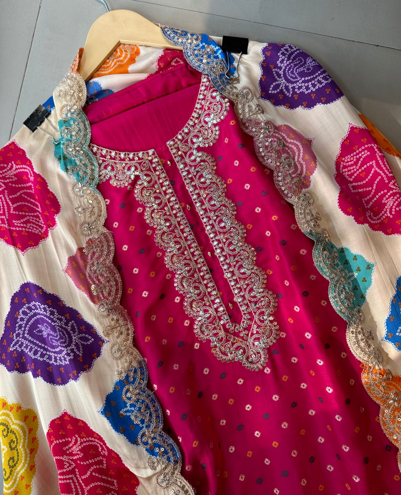 Pure russian silk unstitched shirt with beautiful print plus embroidery on neck