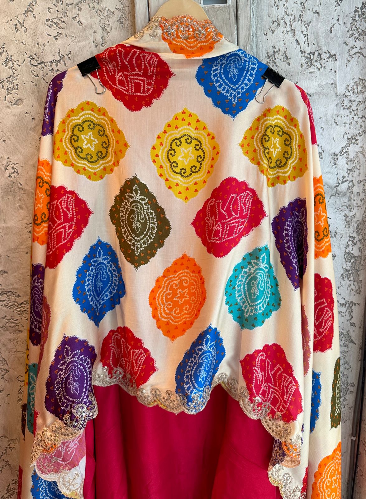 Pure russian silk unstitched shirt with beautiful print plus embroidery on neck