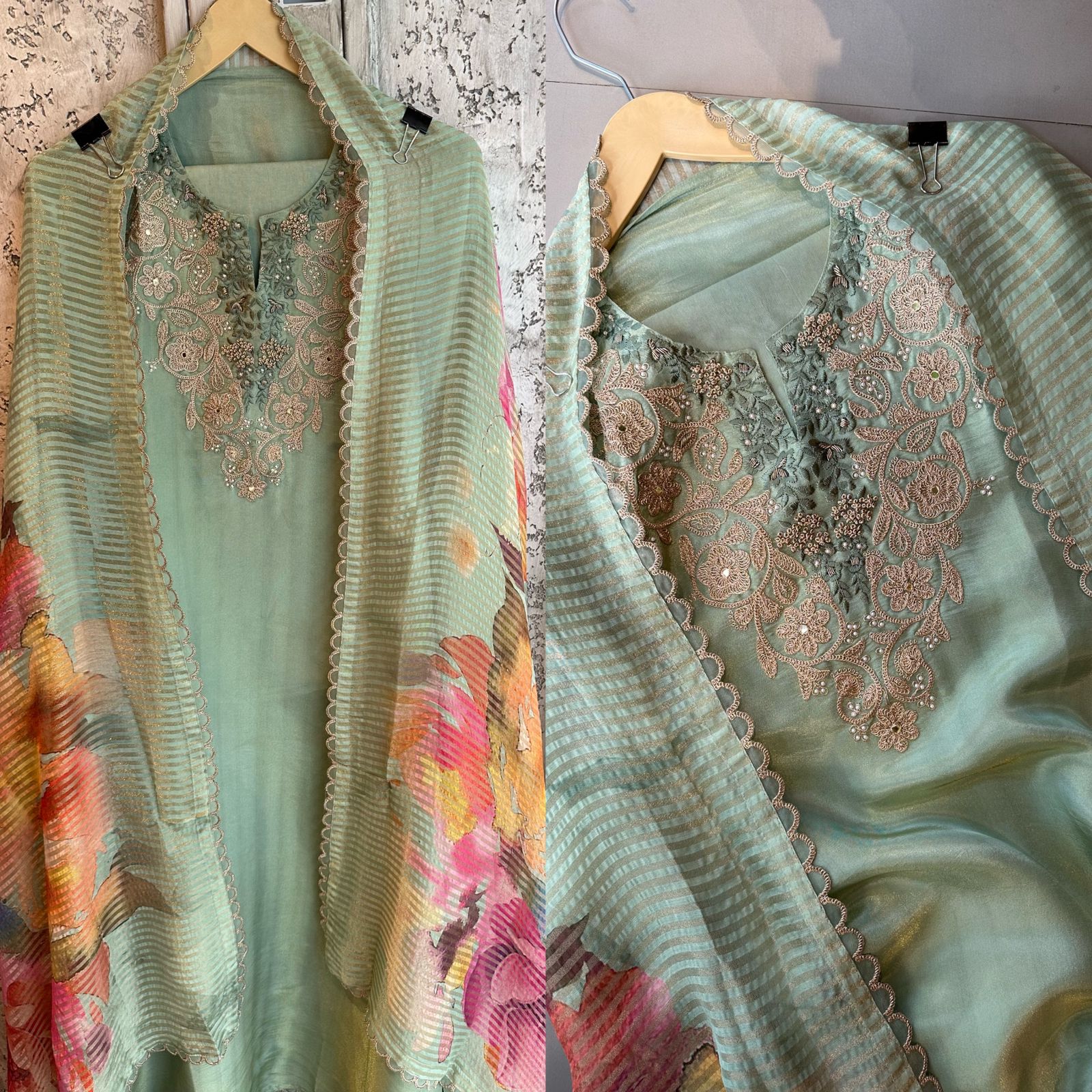 Pure tissue designer unstitched shirt with beautiful designer pattern with zari dori mirror thread and pearl embroidery
