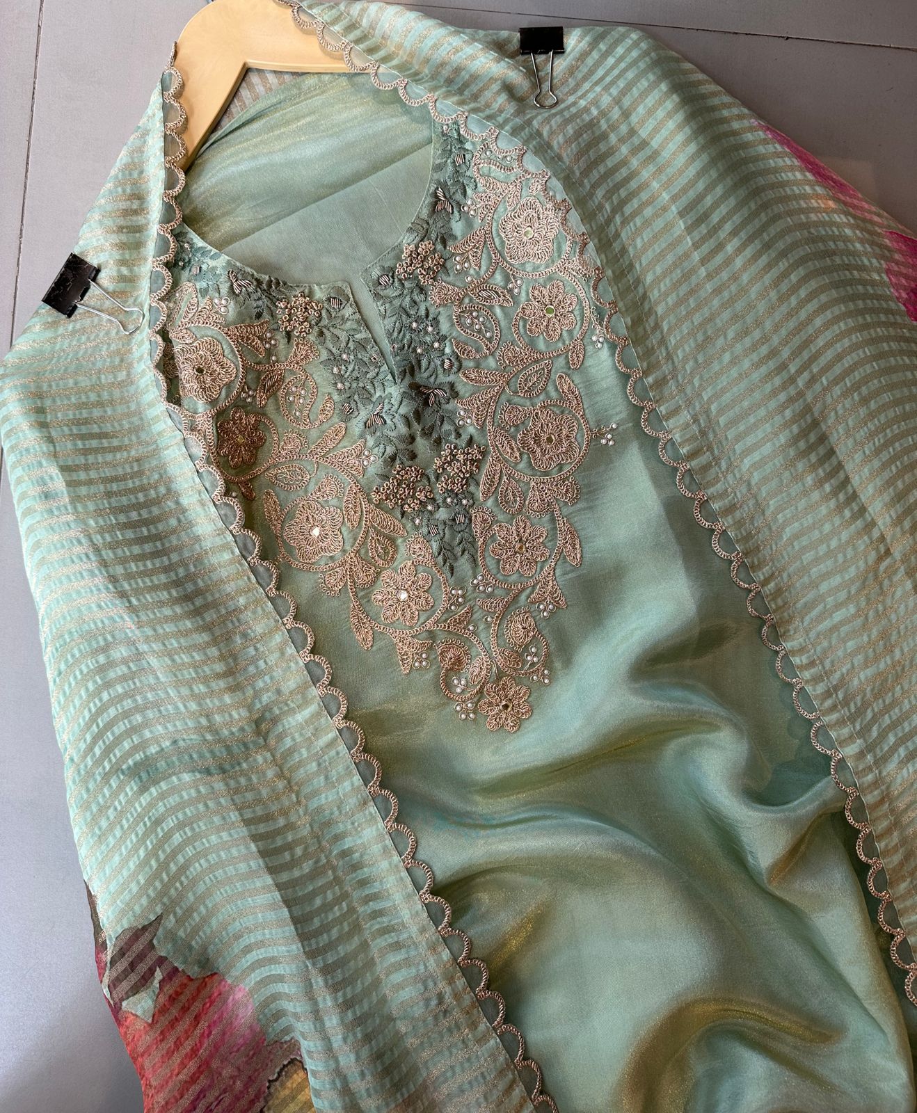 Pure tissue designer unstitched shirt with beautiful designer pattern with zari dori mirror thread and pearl embroidery