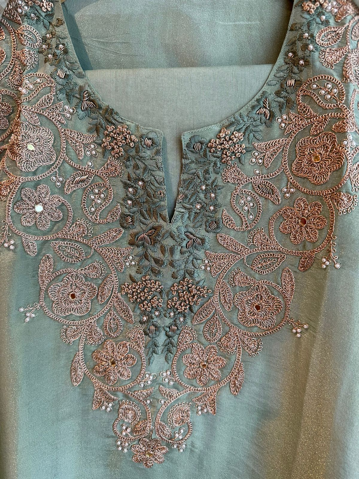 Pure tissue designer unstitched shirt with beautiful designer pattern with zari dori mirror thread and pearl embroidery