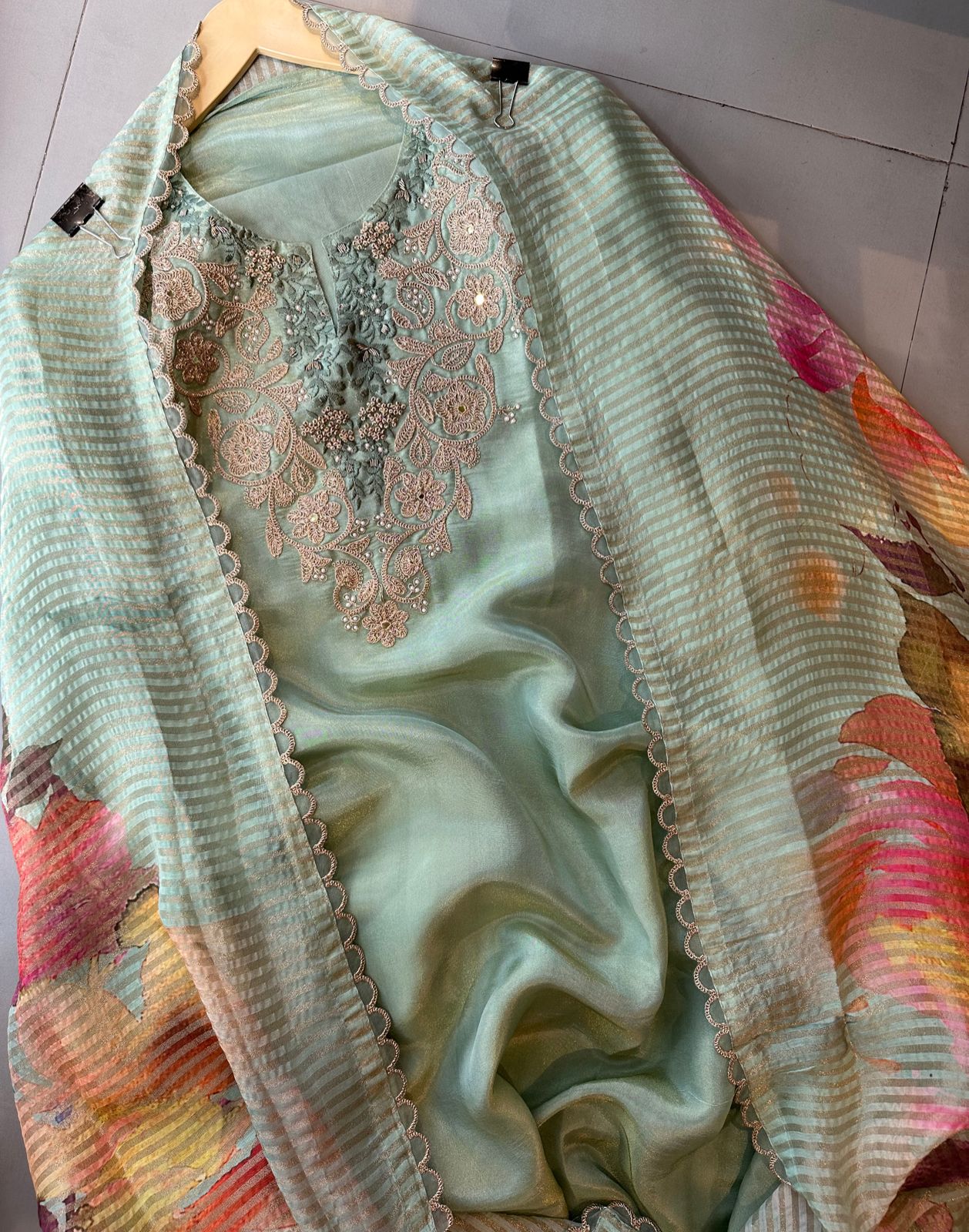 Pure tissue designer unstitched shirt with beautiful designer pattern with zari dori mirror thread and pearl embroidery