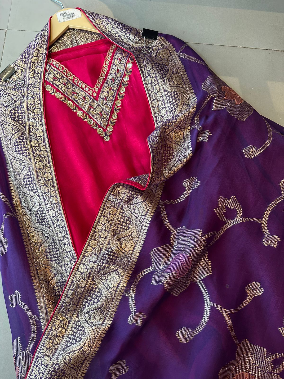 Pure silk shirt with very beautiful neck embroidery with sequence thread and mirror work