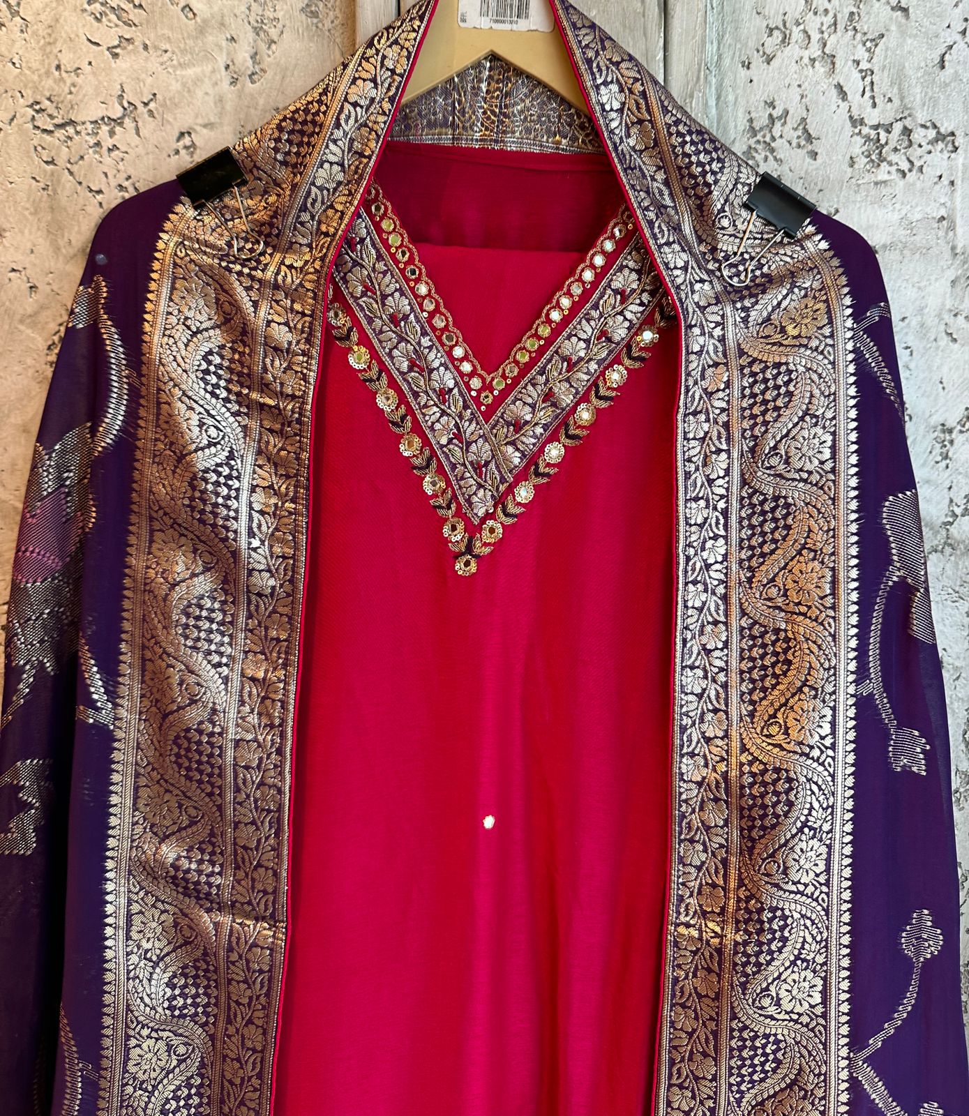 Pure silk shirt with very beautiful neck embroidery with sequence thread and mirror work