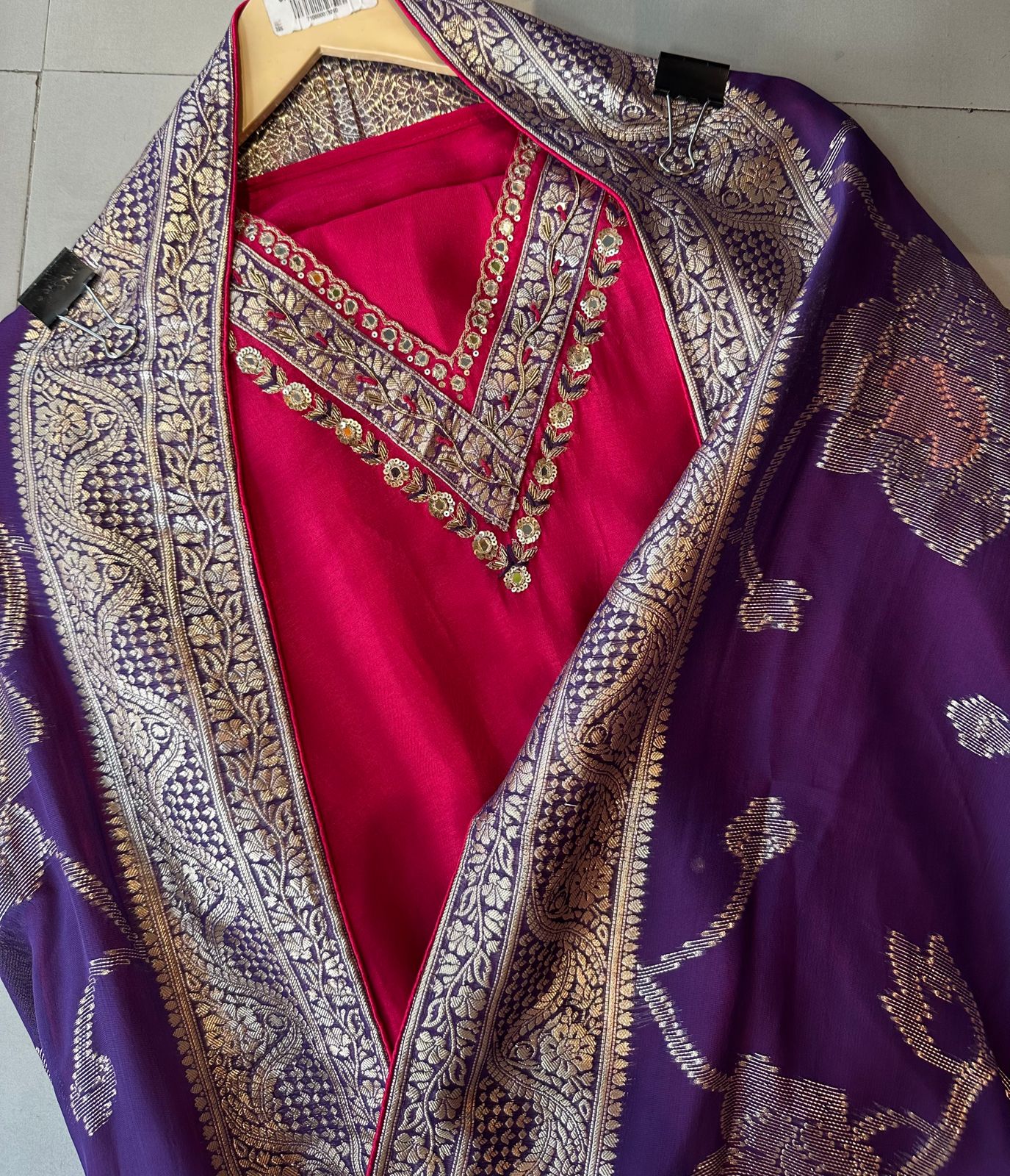 Pure silk shirt with very beautiful neck embroidery with sequence thread and mirror work