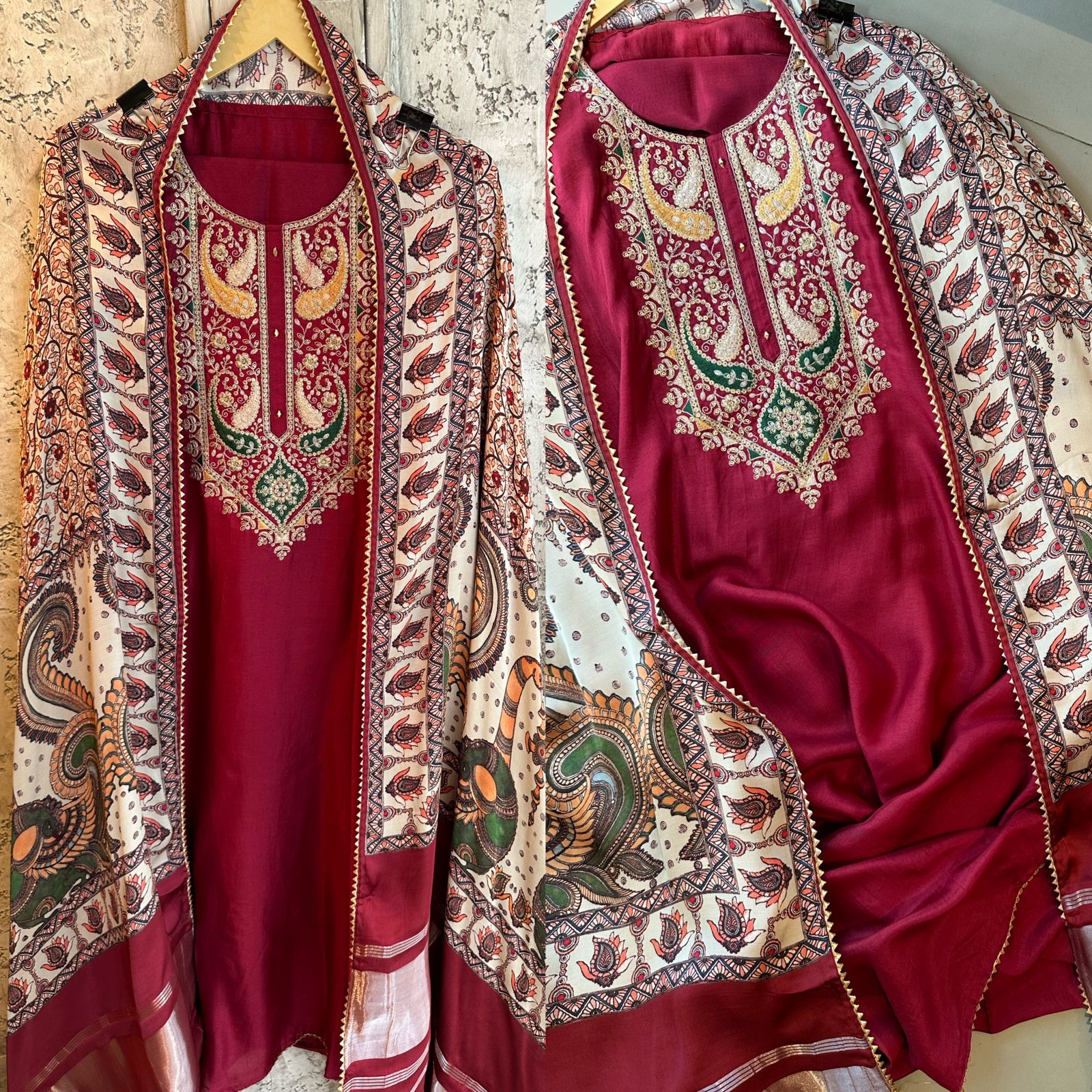 Pure dola silk unstitched shirt with beautiful embroidery on neck