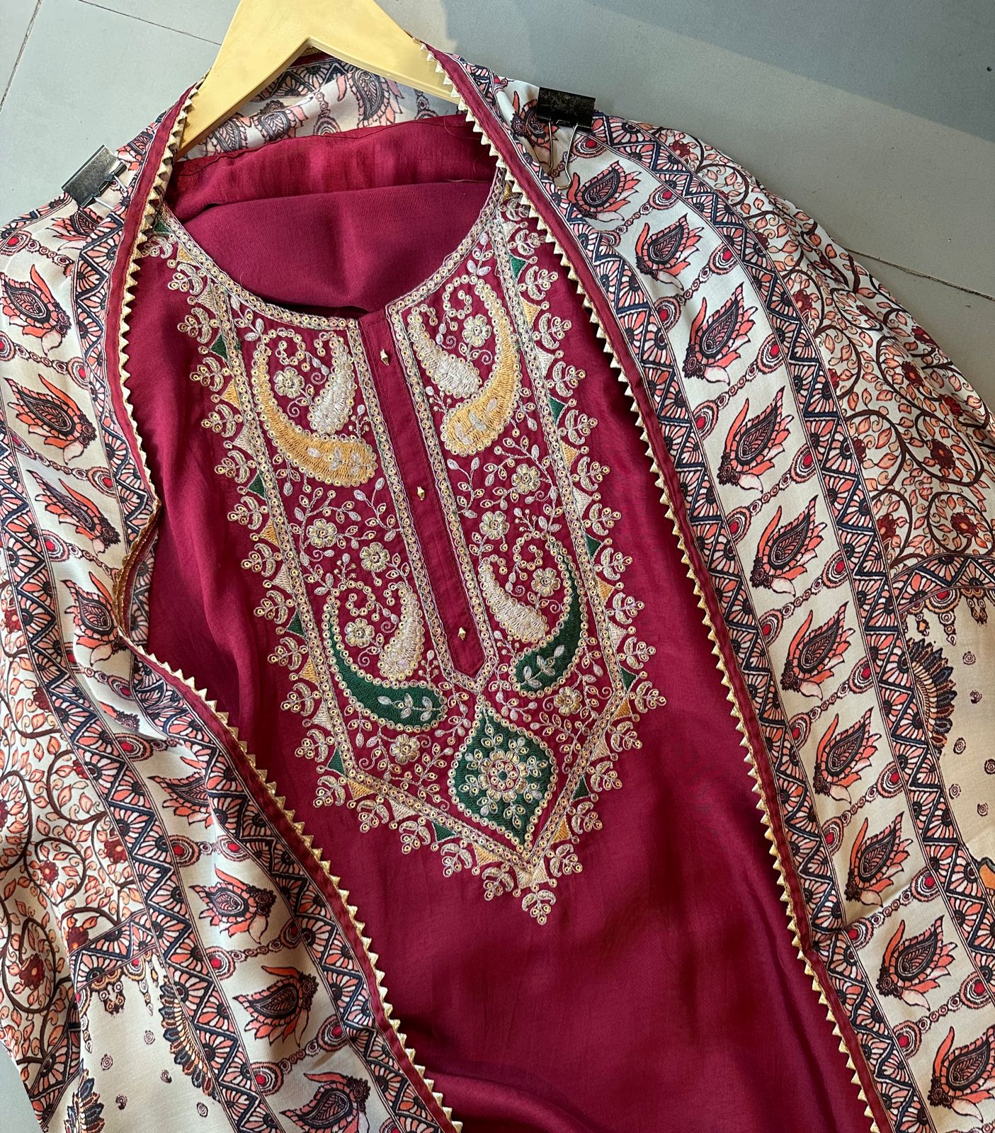 Pure dola silk unstitched shirt with beautiful embroidery on neck