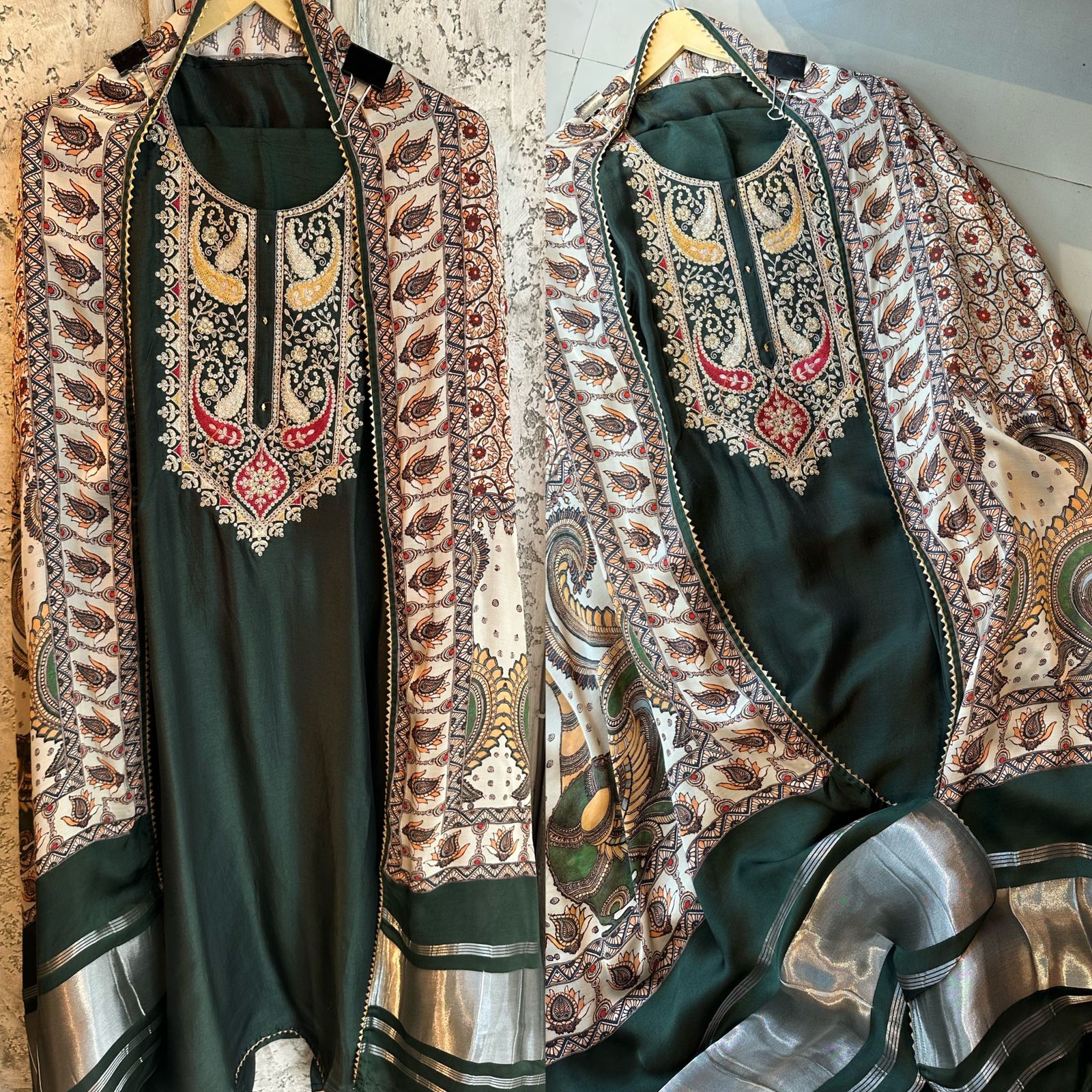 Pure dola silk unstitched shirt with beautiful embroidery on neck