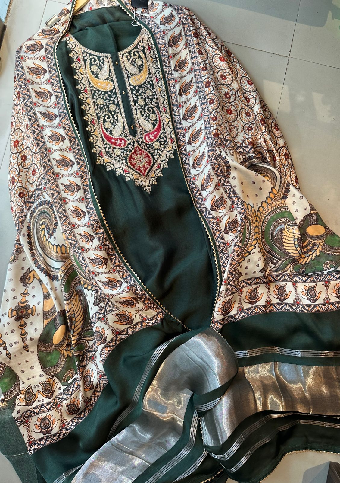 Pure dola silk unstitched shirt with beautiful embroidery on neck