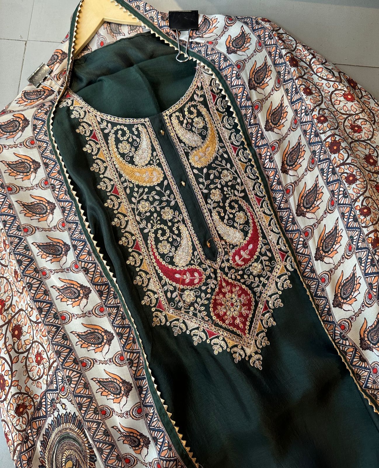 Pure dola silk unstitched shirt with beautiful embroidery on neck