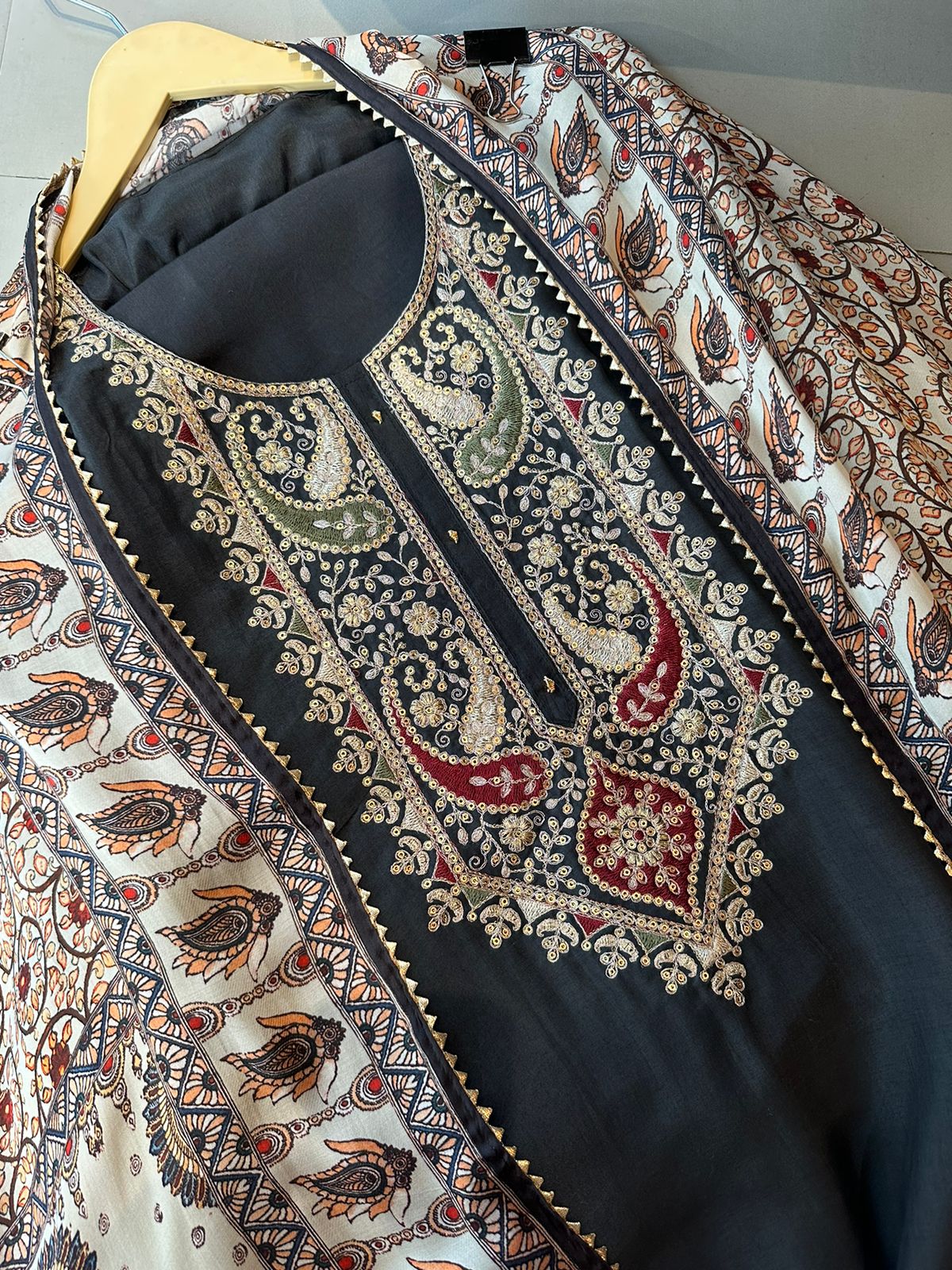 Pure dola silk unstitched shirt with beautiful embroidery on neck
