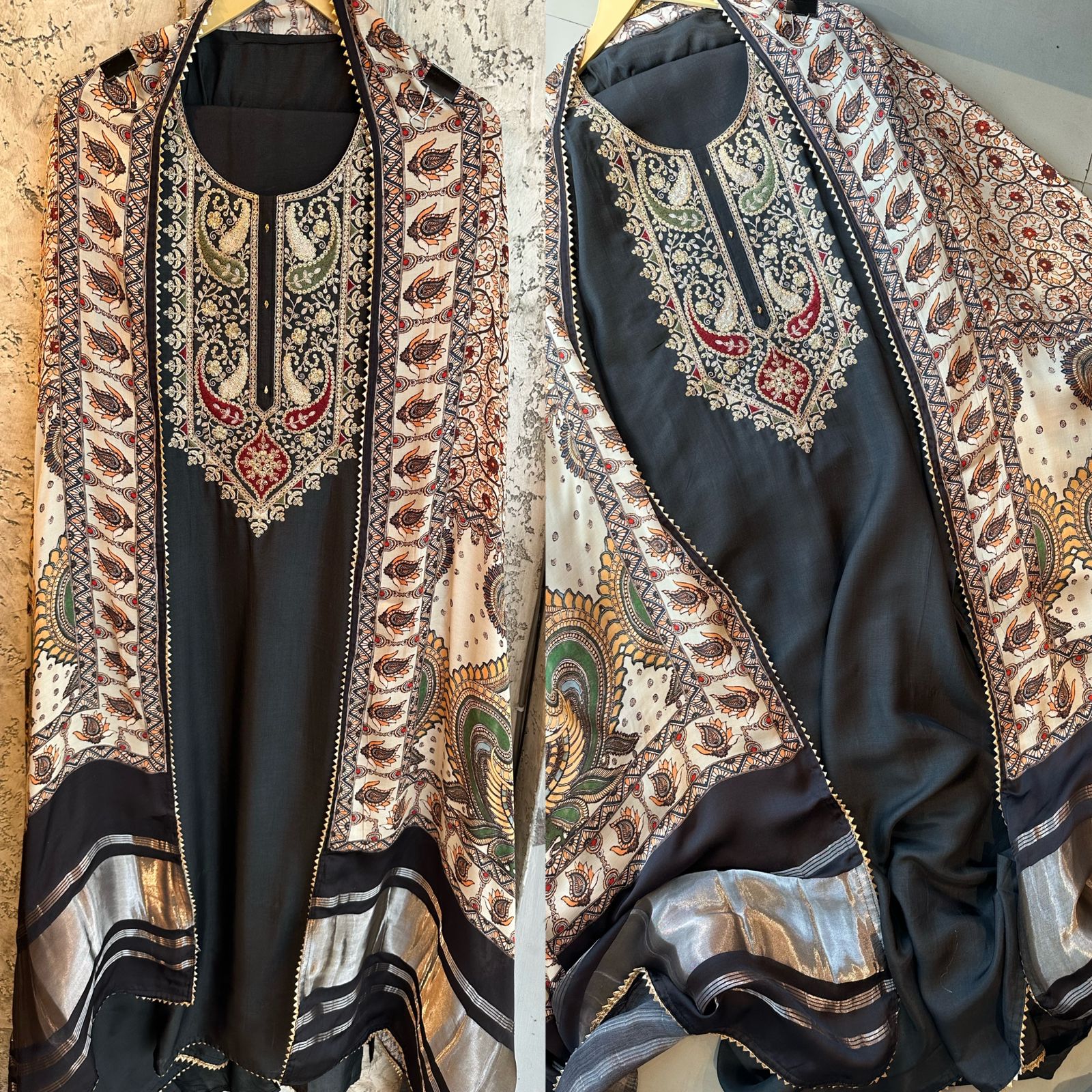 Pure dola silk unstitched shirt with beautiful embroidery on neck