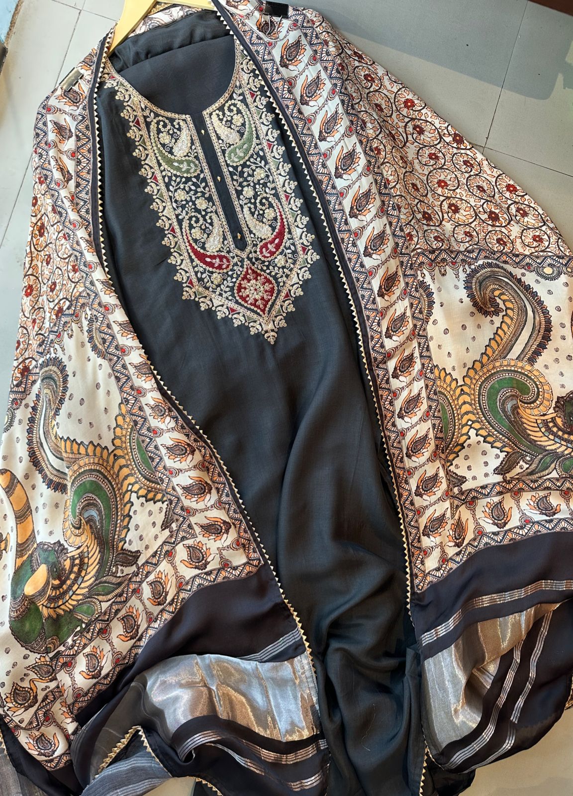 Pure dola silk unstitched shirt with beautiful embroidery on neck