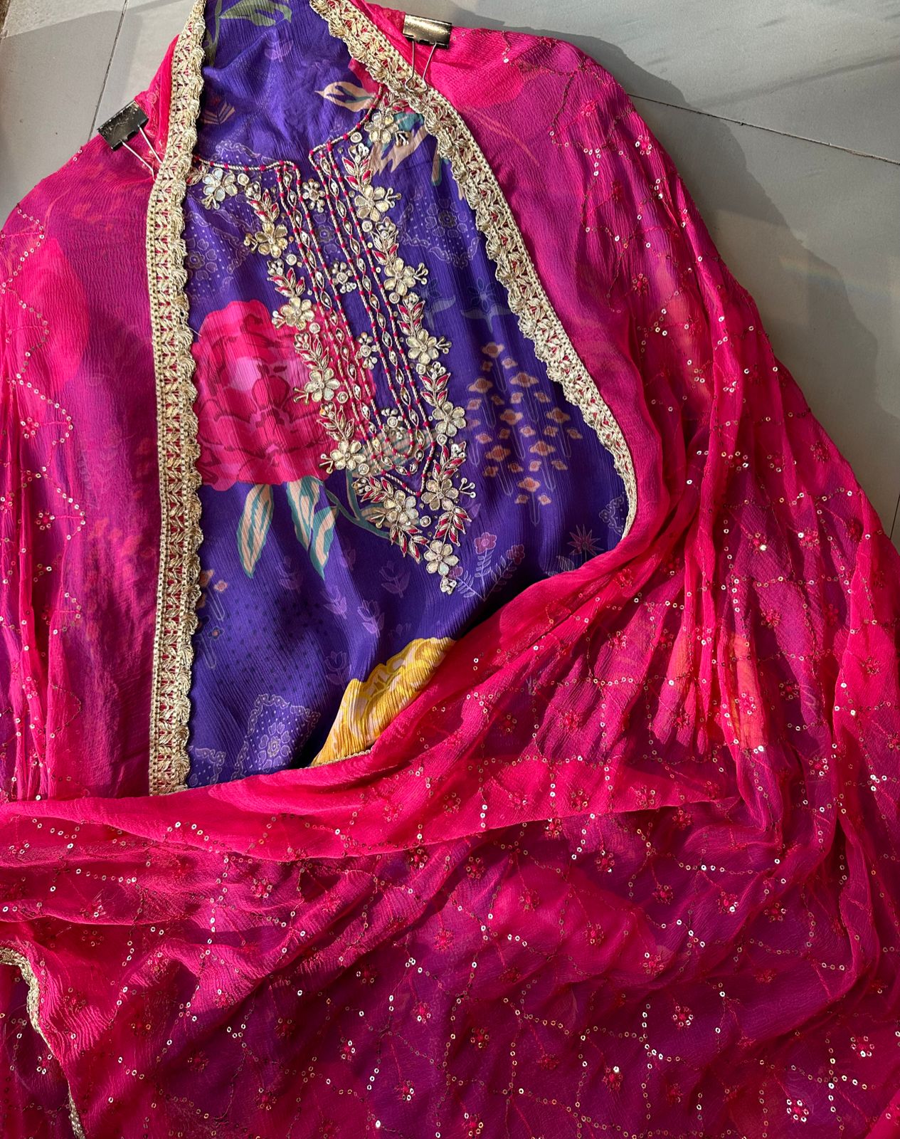 Pure Digital floral printed Chinon shirt with very beautiful embroidered neckline rest the shirt is only printed