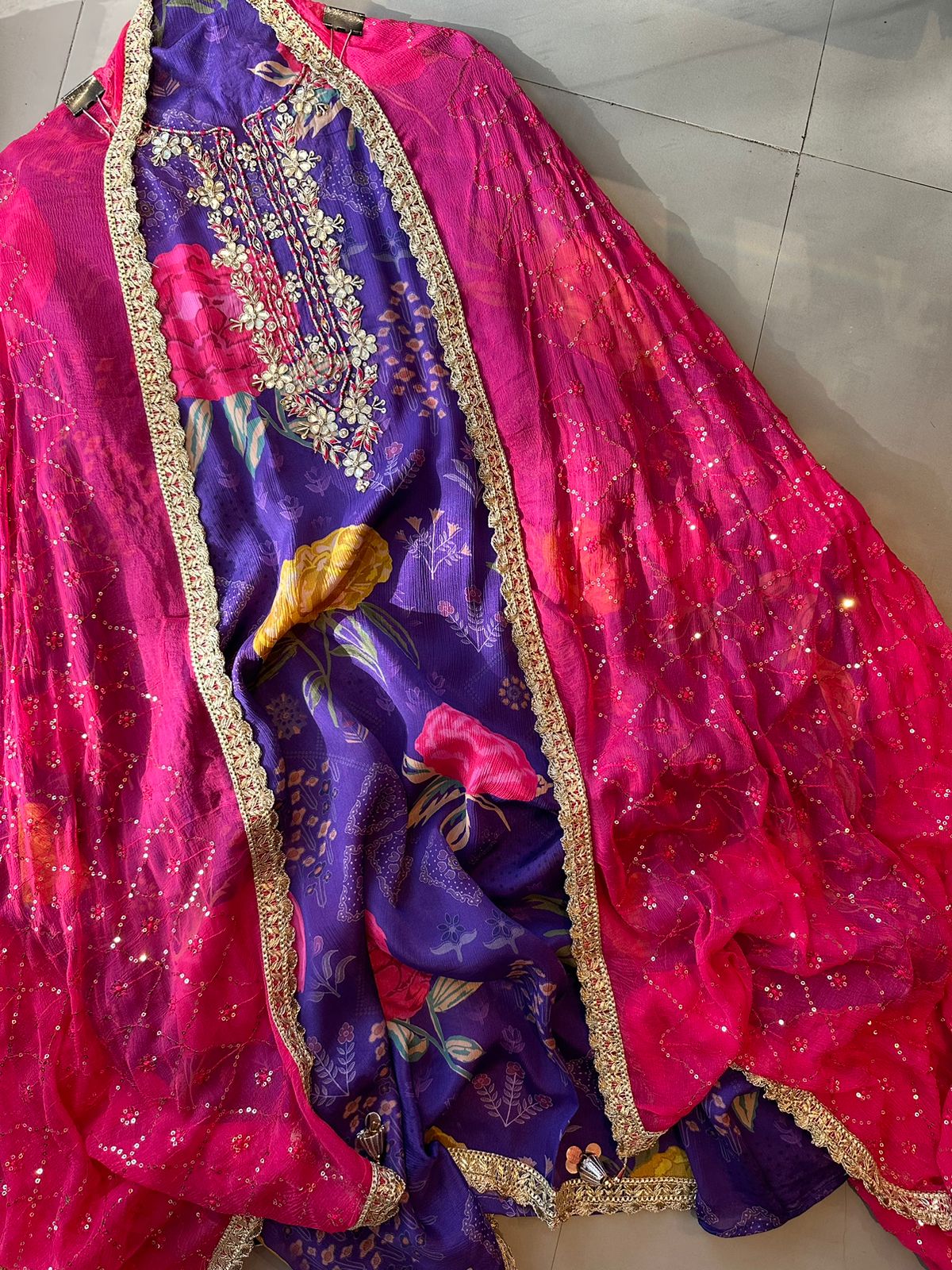 Pure Digital floral printed Chinon shirt with very beautiful embroidered neckline rest the shirt is only printed