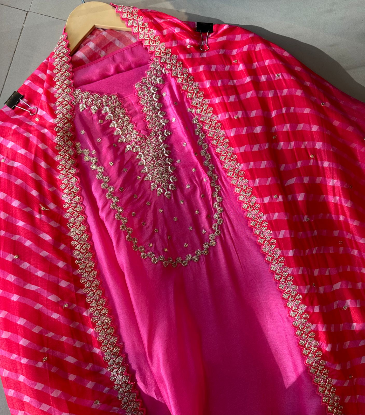 Plain silk shirt with dabka work embellished with Pearl and sequence