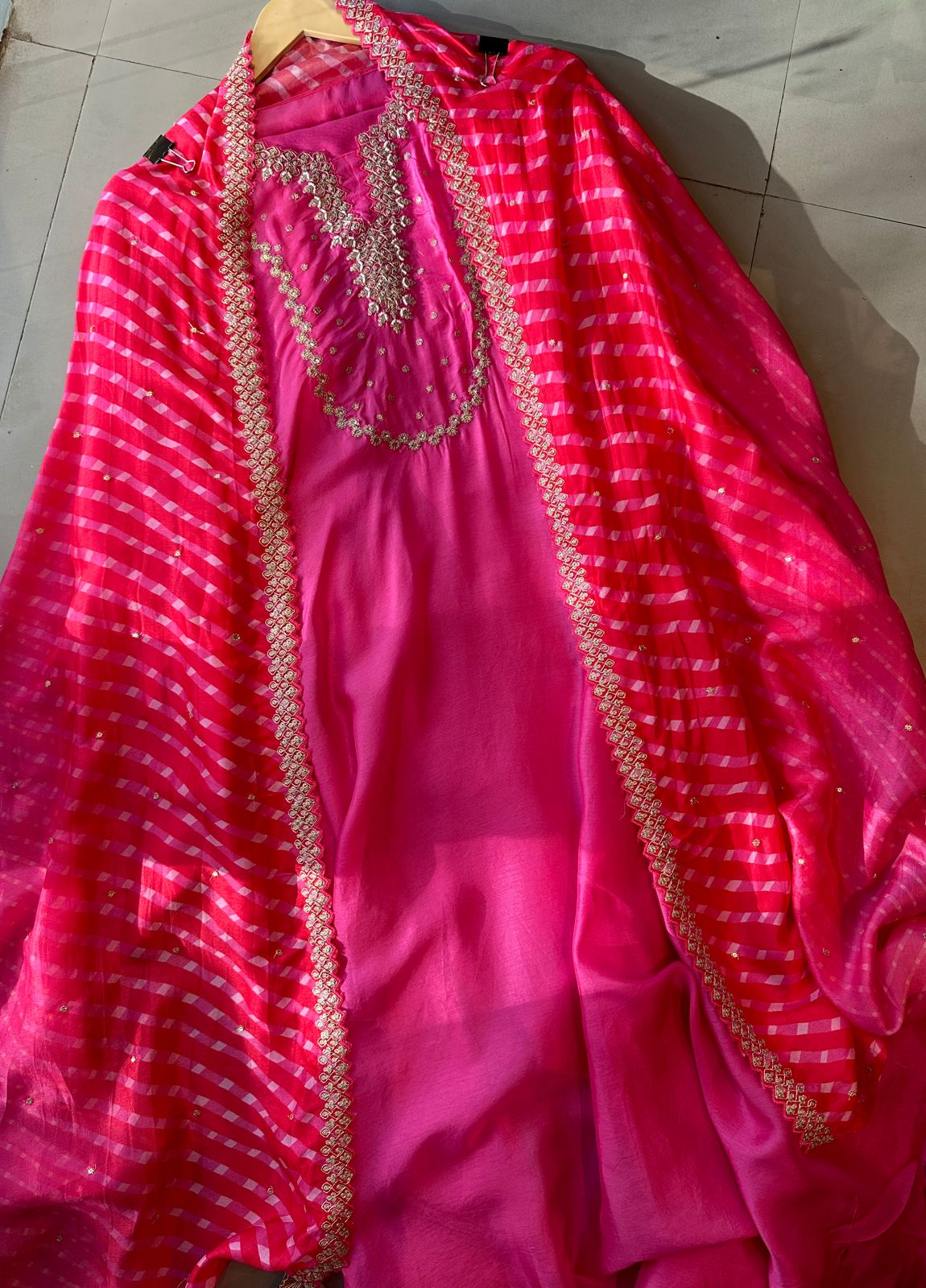 Plain silk shirt with dabka work embellished with Pearl and sequence