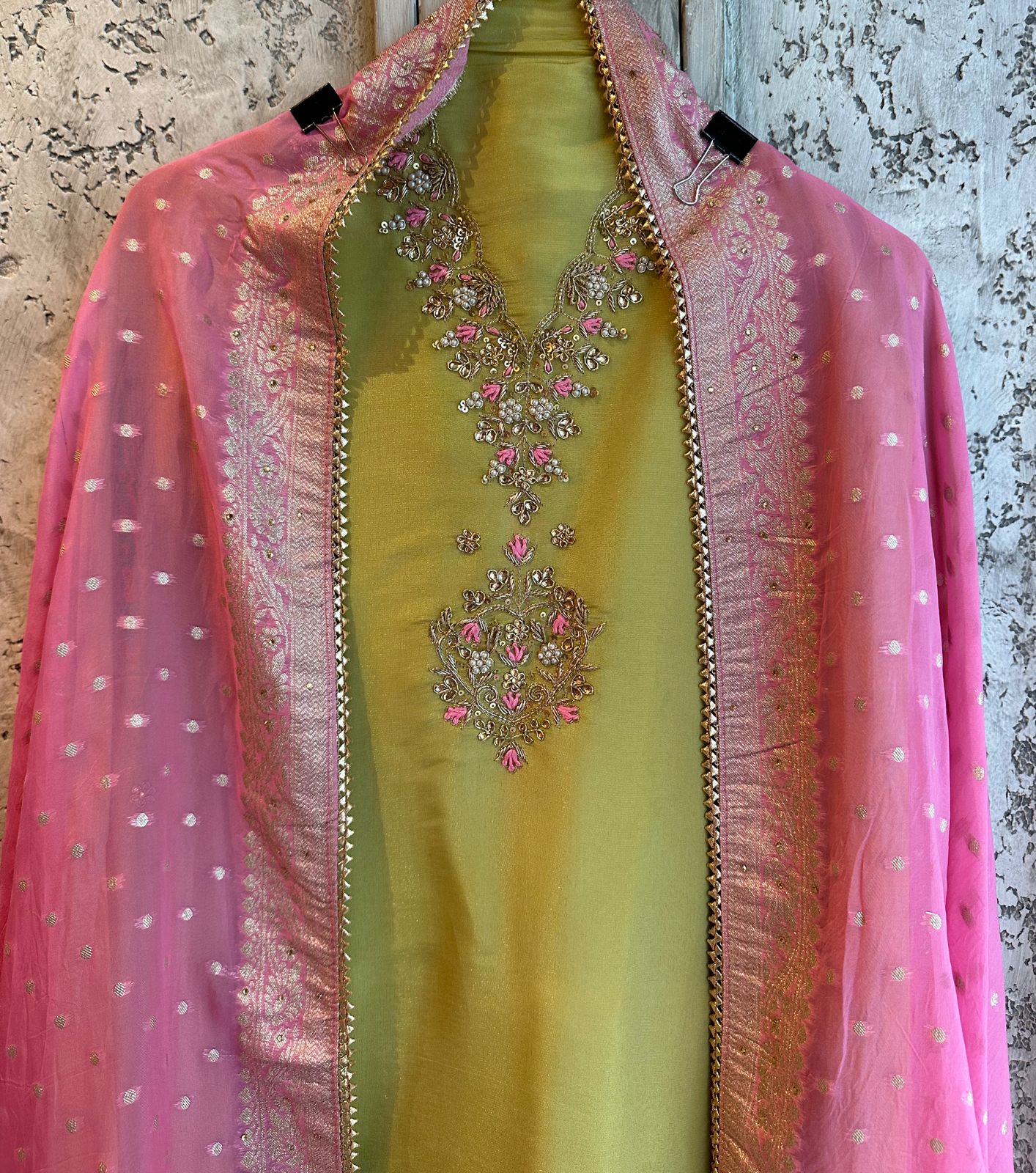 Pure tissue silk designer unstitched shirt with beautiful designer hand embroidery on neckline