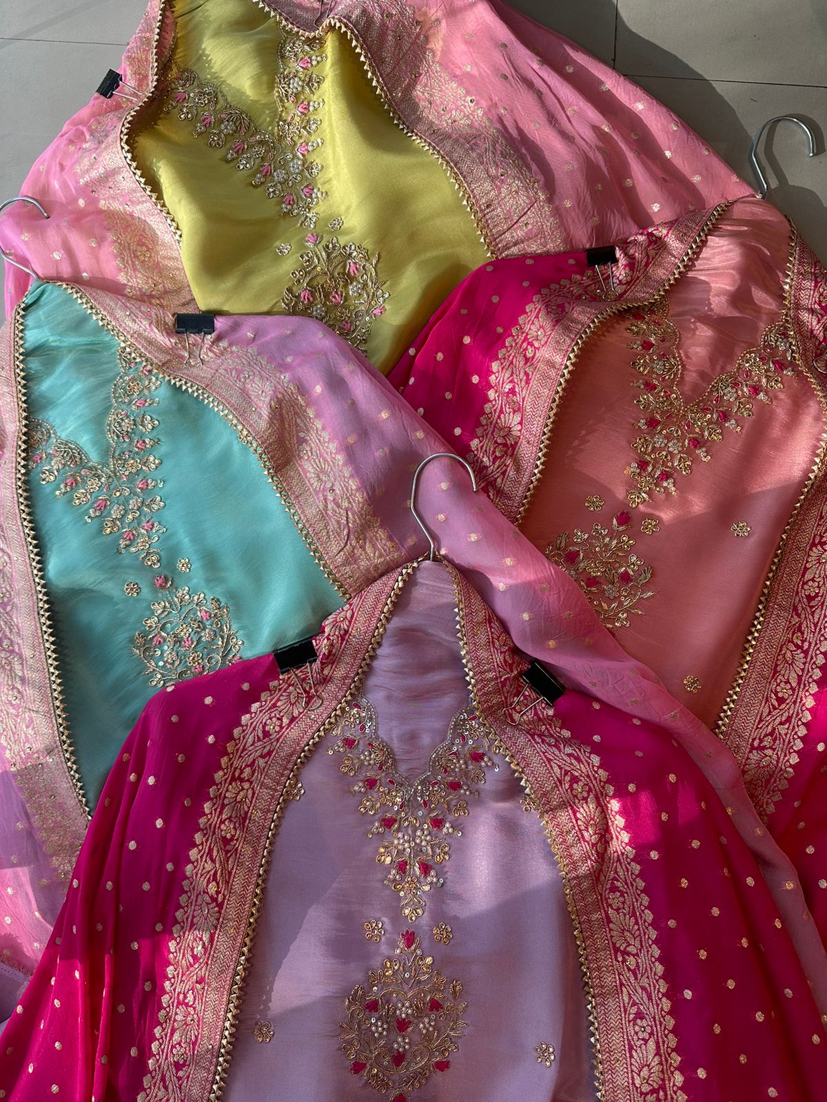 Pure tissue silk designer unstitched shirt with beautiful designer hand embroidery on neckline