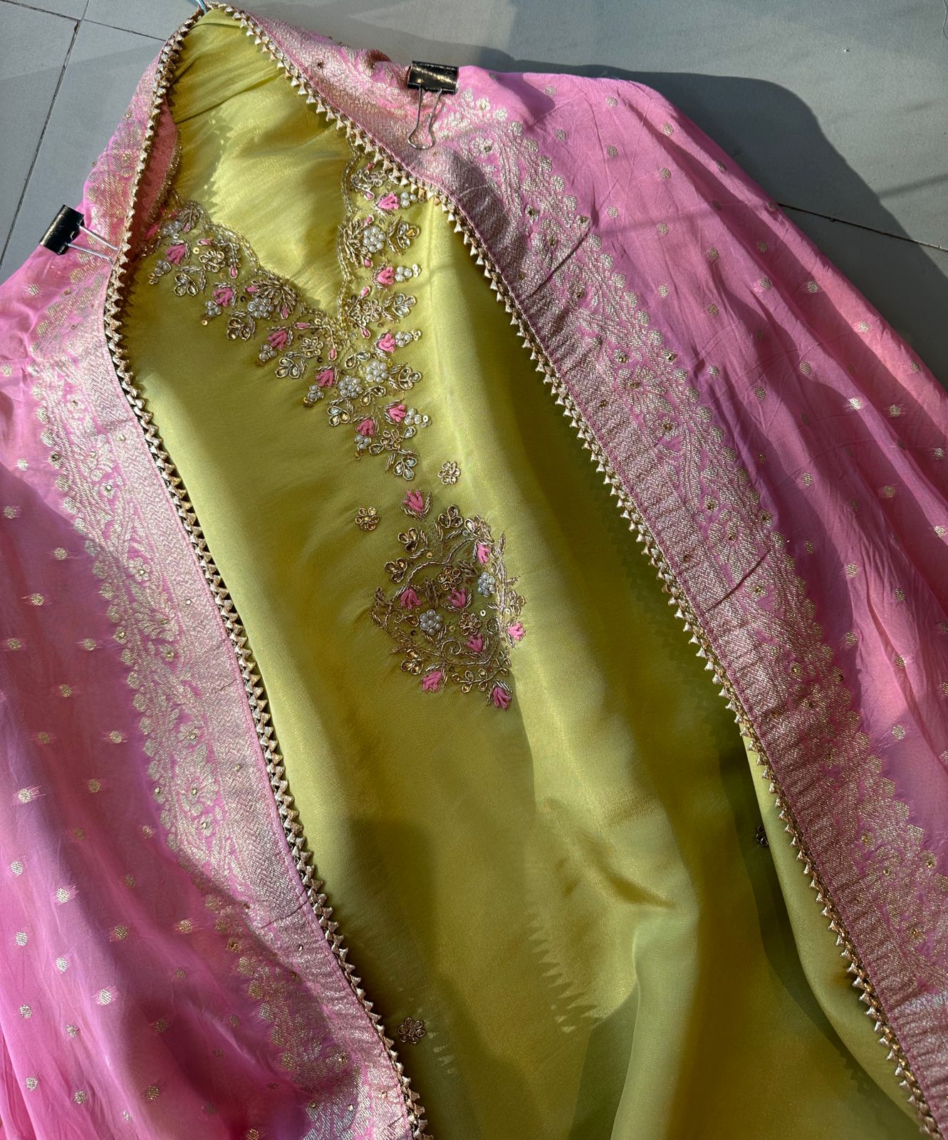 Pure tissue silk designer unstitched shirt with beautiful designer hand embroidery on neckline