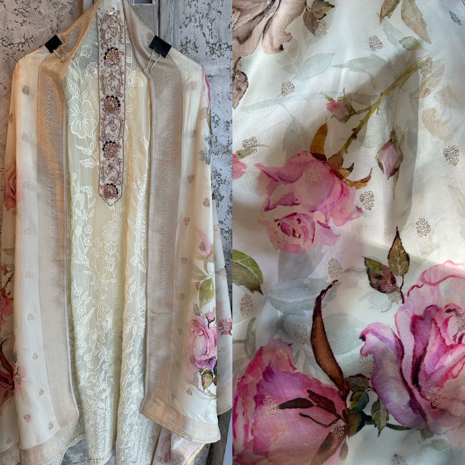 Embroidered organza full size shirt with dabka handwork on the neckline