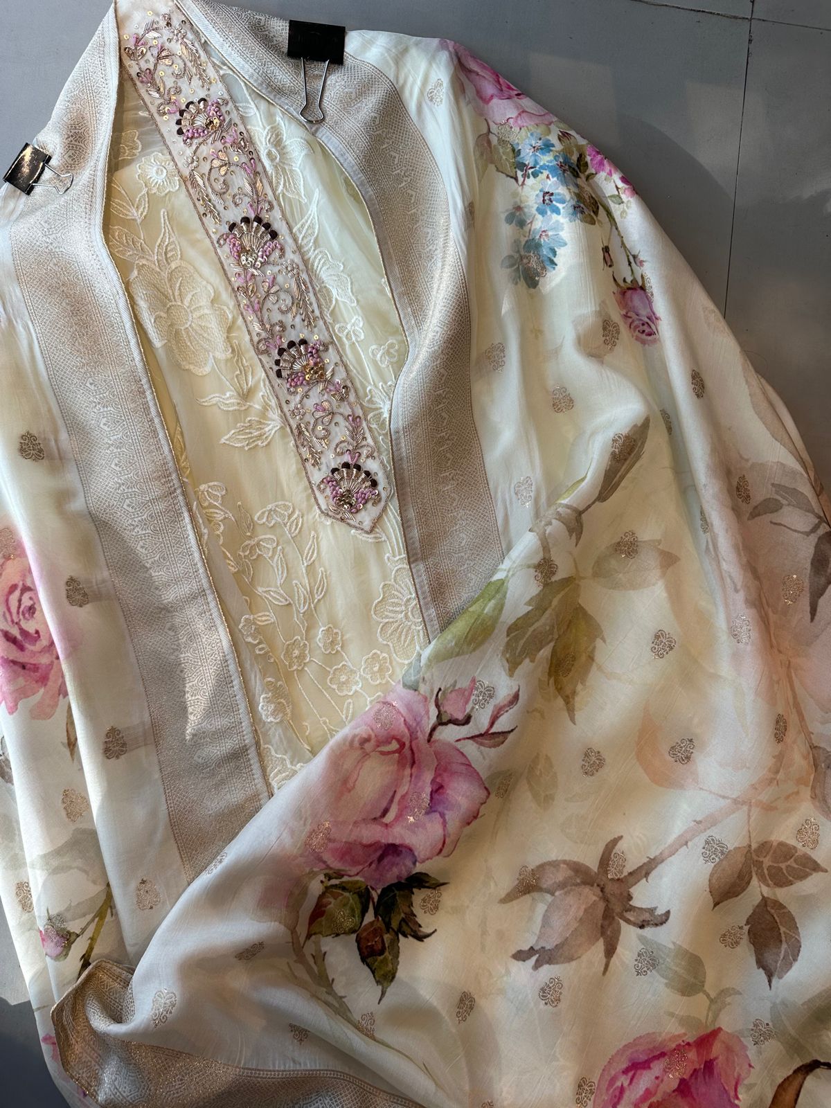 Embroidered organza full size shirt with dabka handwork on the neckline