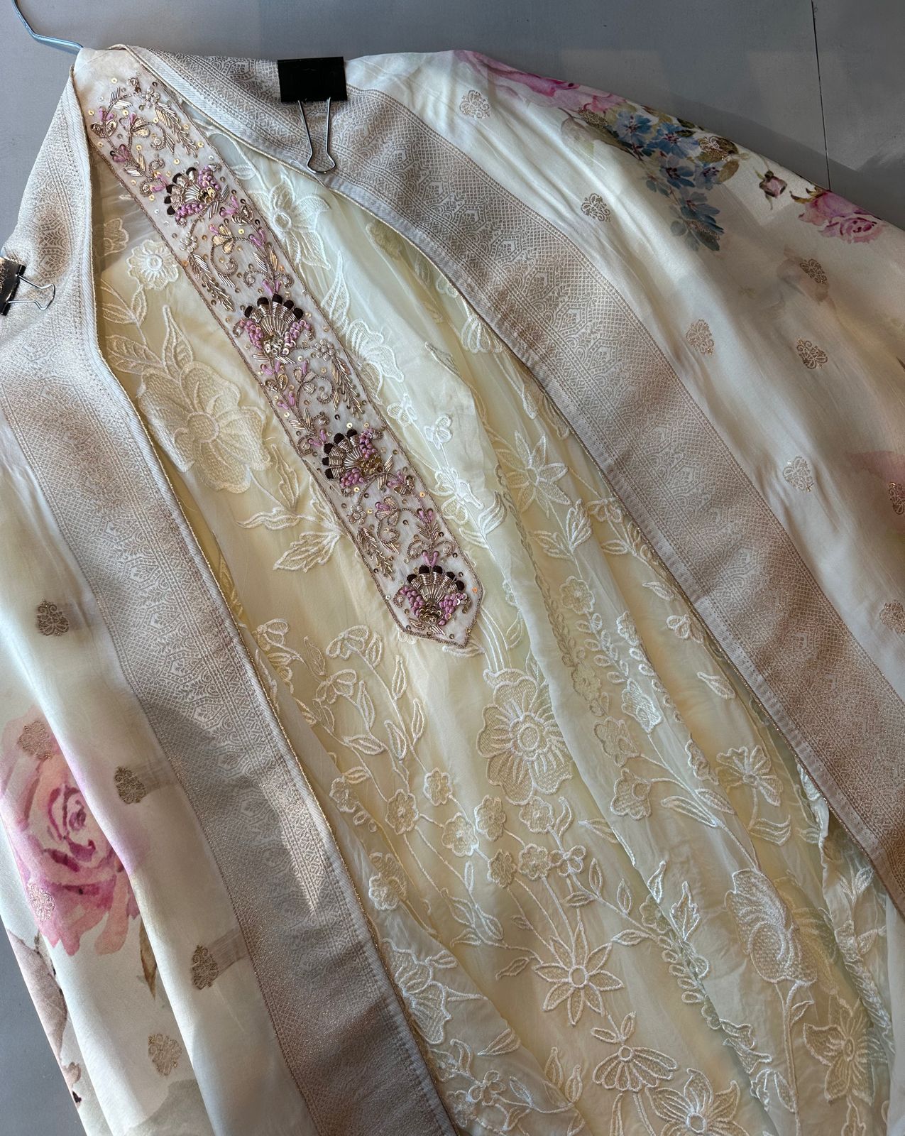 Embroidered organza full size shirt with dabka handwork on the neckline