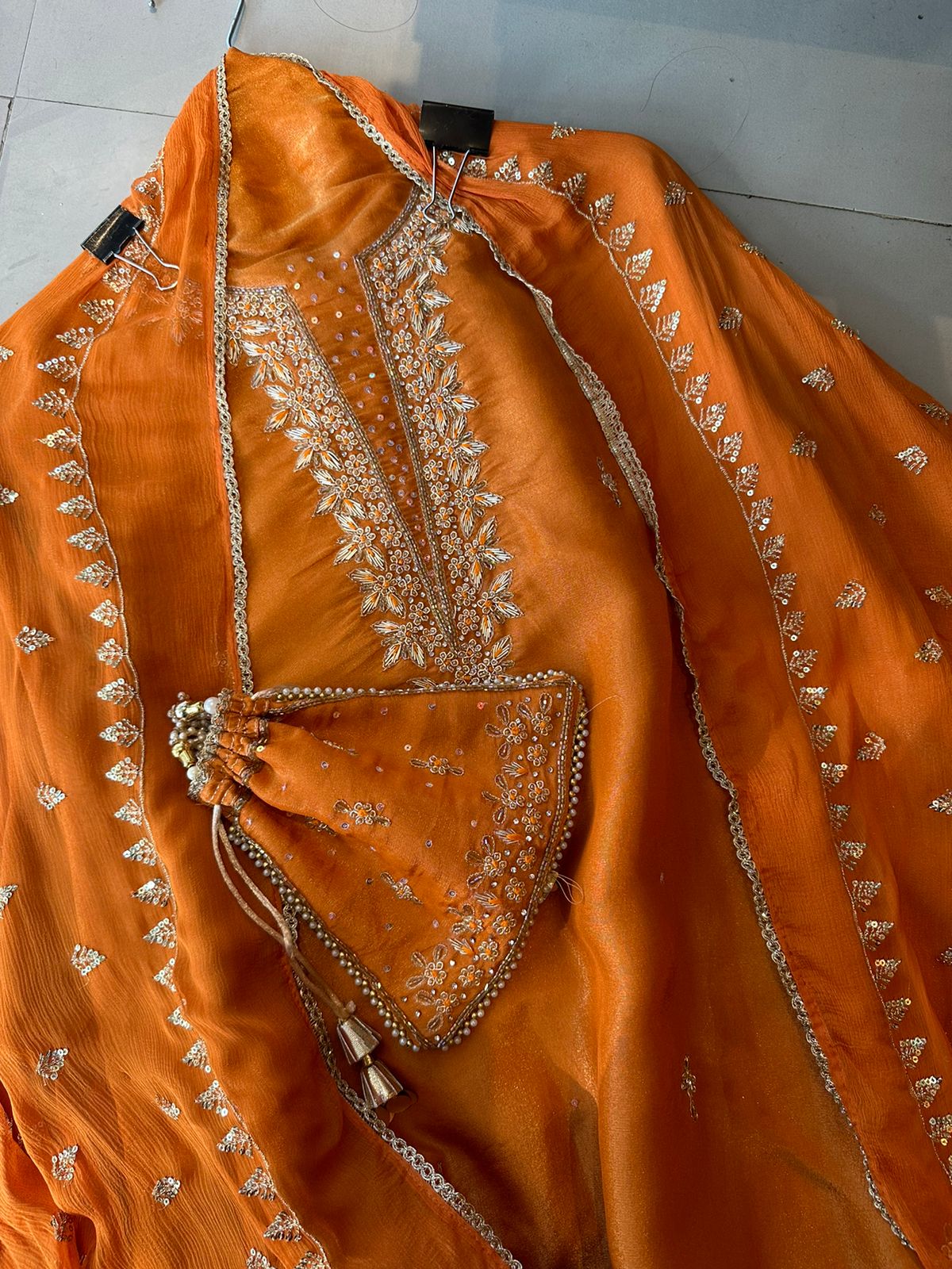 Tissue unstitched full size shirt with neck embroidery done (Unstitched shirt)