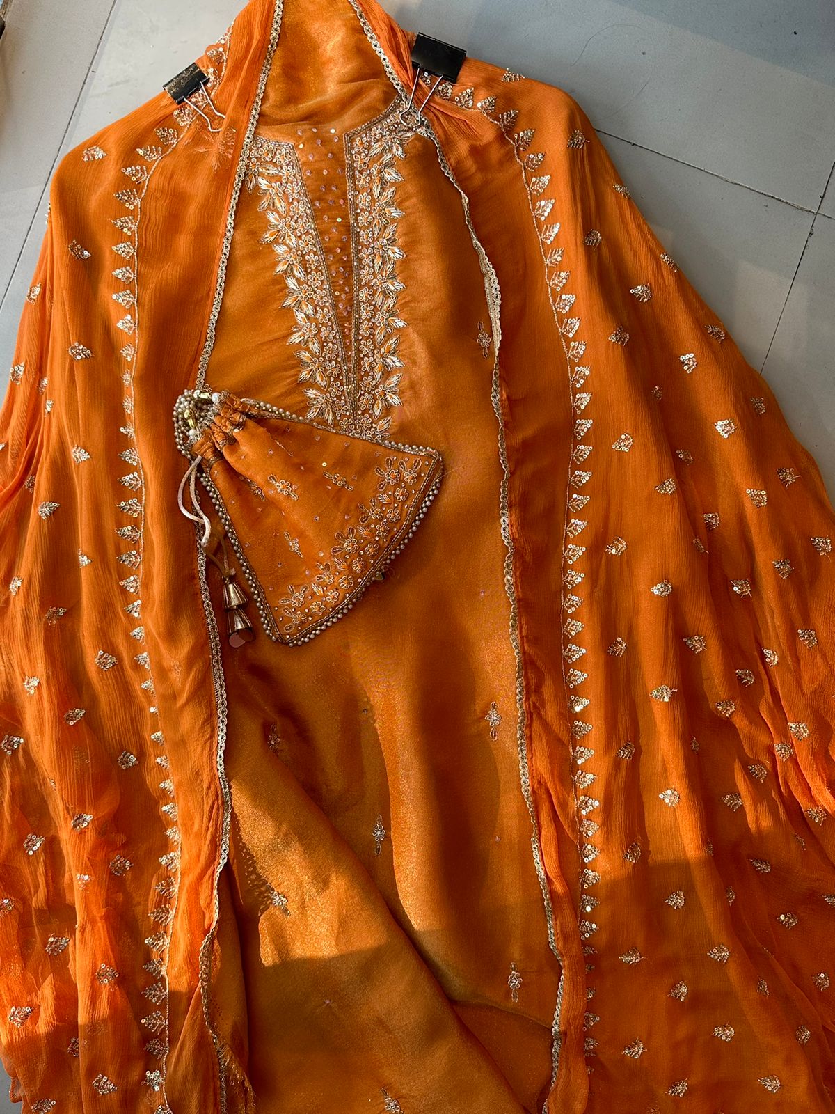 Tissue unstitched full size shirt with neck embroidery done (Unstitched shirt)