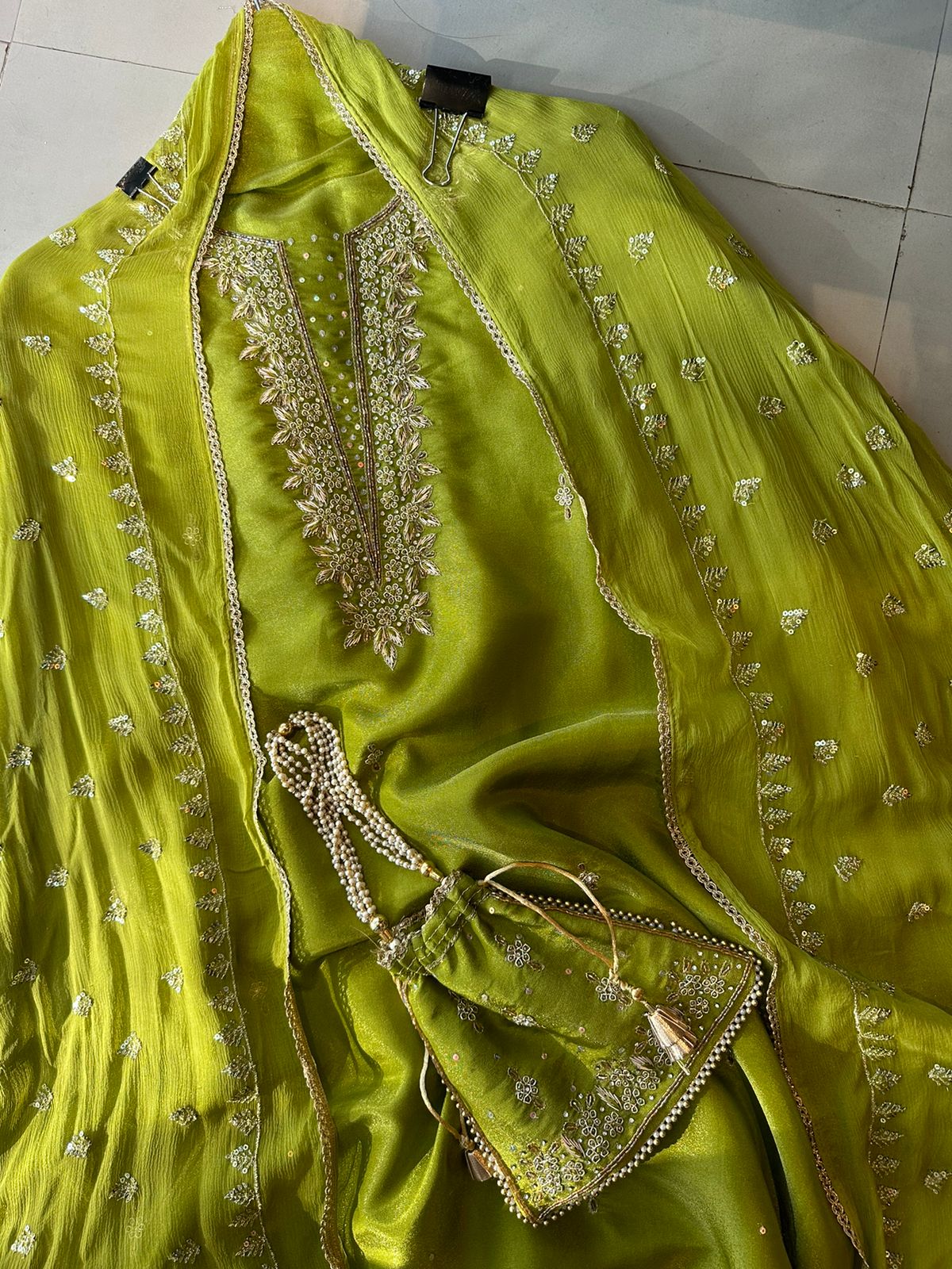 Tissue unstitched full size shirt with neck embroidery done (Unstitched shirt)