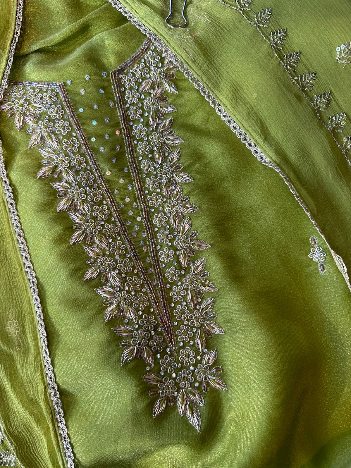 Tissue unstitched full size shirt with neck embroidery done (Unstitched shirt)