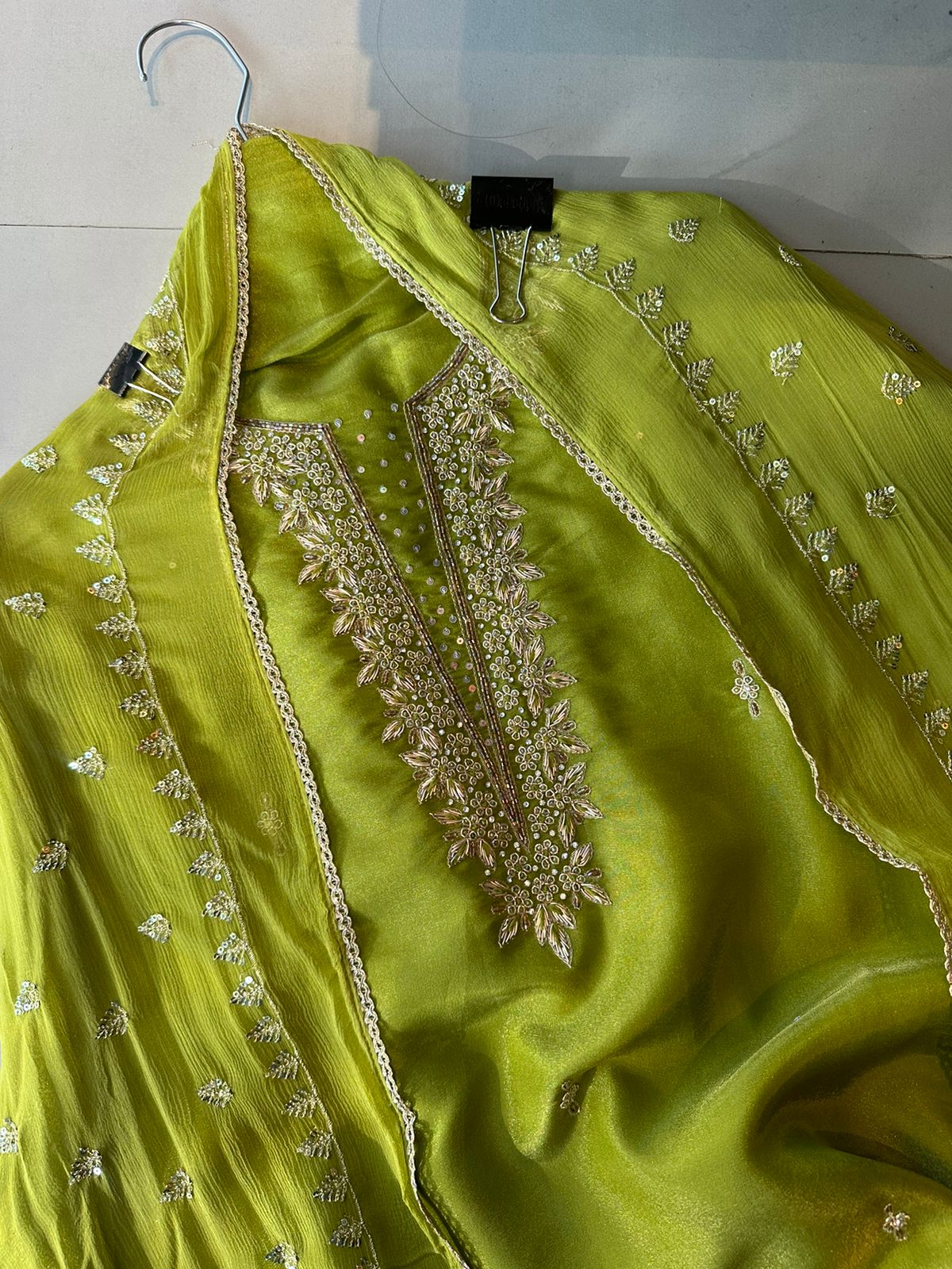 Tissue unstitched full size shirt with neck embroidery done (Unstitched shirt)