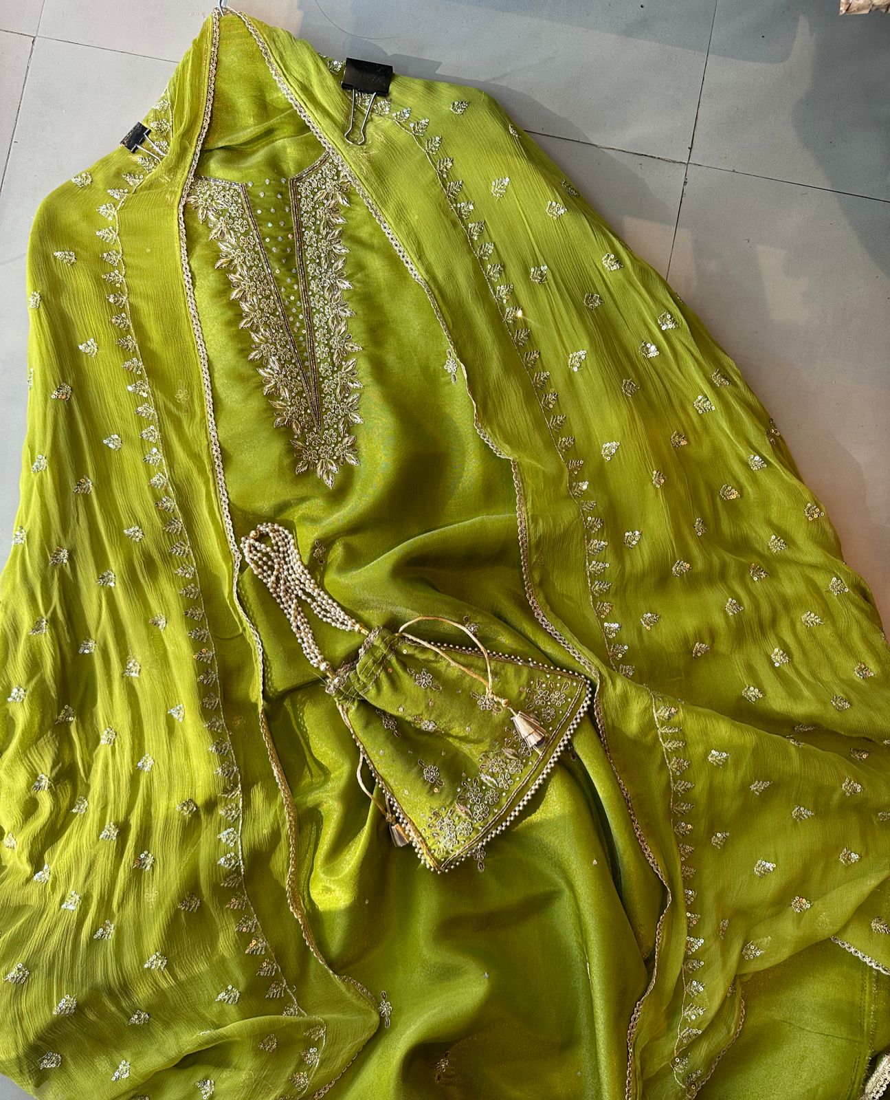 Tissue unstitched full size shirt with neck embroidery done (Unstitched shirt)