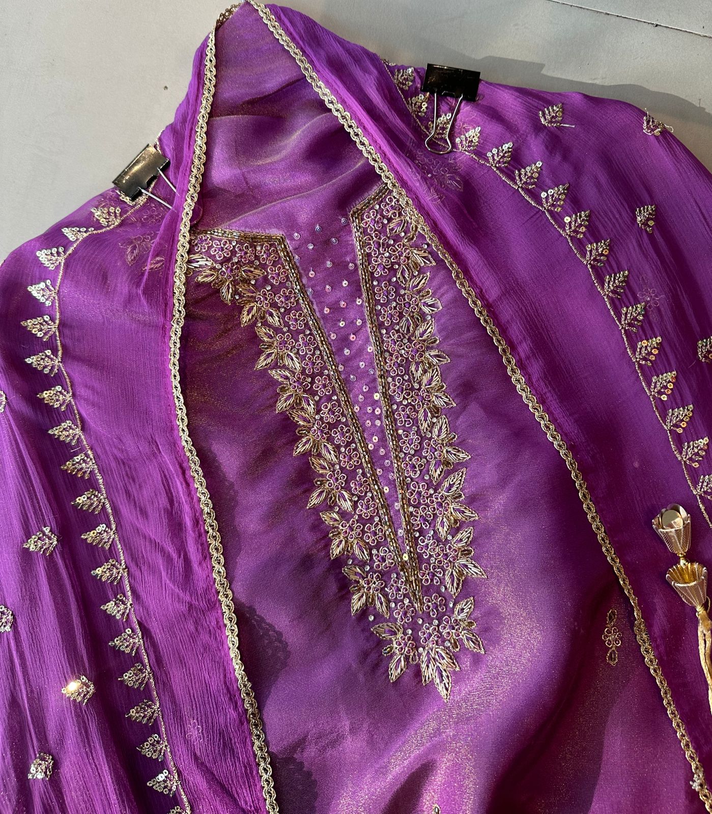 Tissue unstitched full size shirt with neck embroidery done (Unstitched shirt)  Handwork done on the neckline